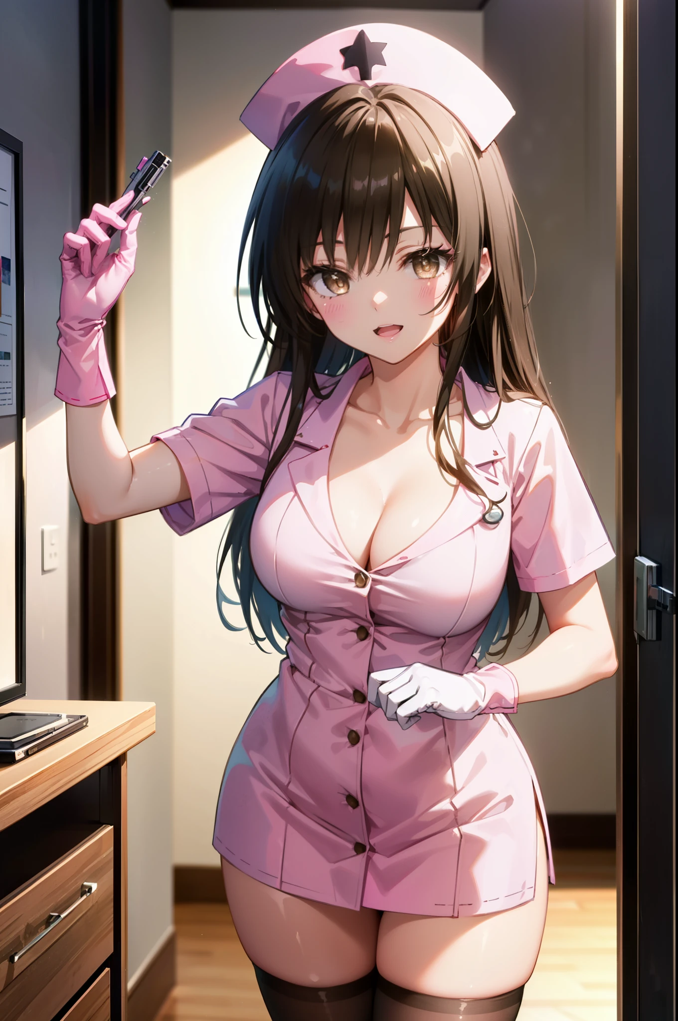 yuikotegawa, yui kotegawa, black hair, (brown eyes:1.5),big breasts,happy smile, smile, open your mouth, long hair,transparent and pink latex, Thighhighs, cleavage,  pink panties, nurse cap, nurse, pink gloves, sexy pose,
break indoors, Examination room,
break looking at viewer,whole body, (cowboy shot:1.5),
break (masterpiece:1.2), highest quality, High resolution, unity 8k wallpaper, (figure:0.8), (detailed and beautiful eyes:1.6), highly detailed face, perfect lighting, Very detailed CG, (perfect hands, perfect anatomy),