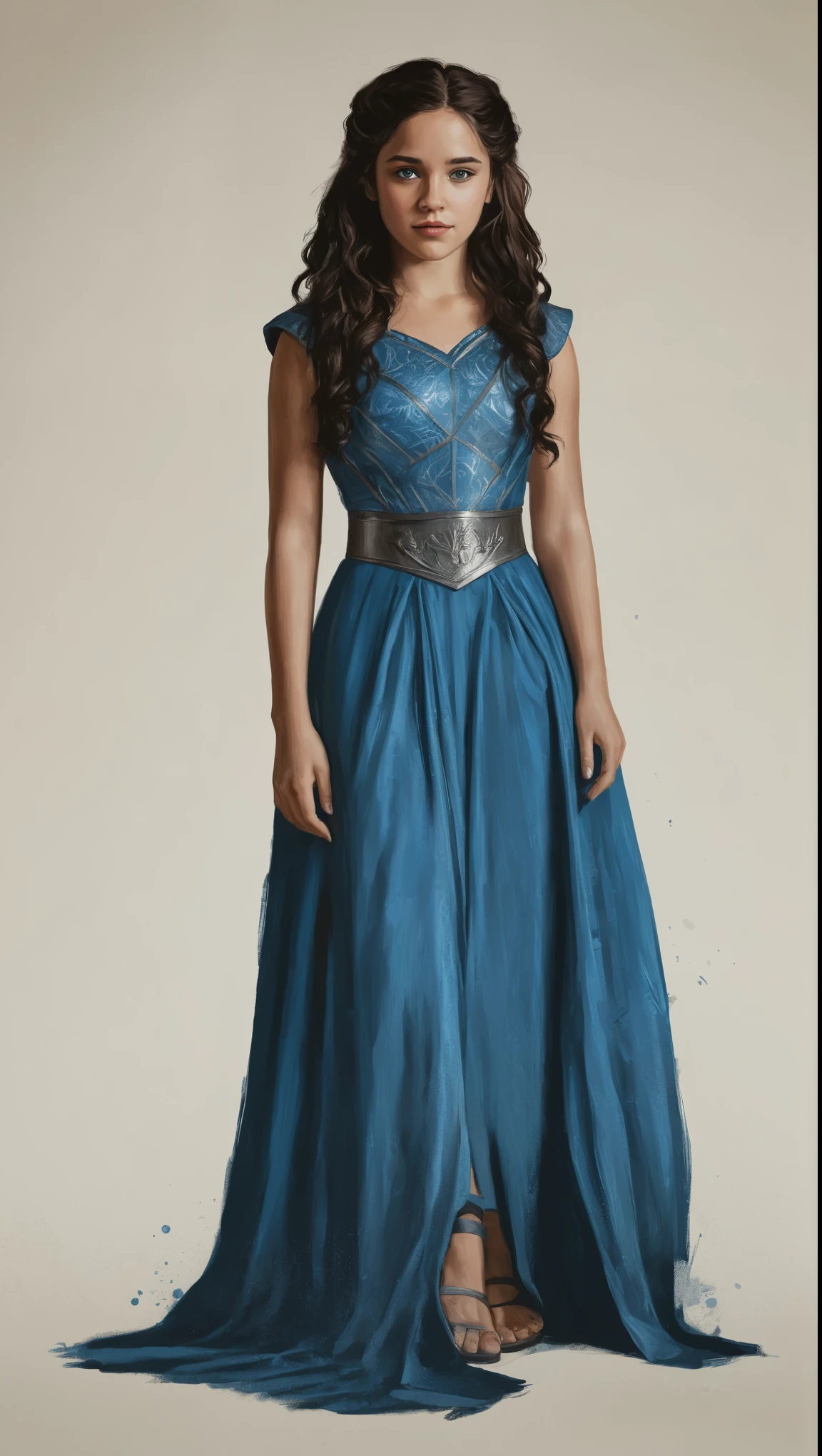 An illustrated movie poster, hand-drawn, full color, a Westerosi teenage girl, wearing a regal dress, brown complexion, azure blue eyes, dark hair, long loose curls, waist-length hair, posing on a pedestal, hard shadows, graphite shading, stencil marks, airbrushed acrylic paint, masterpiece, in the style of Game of Thrones