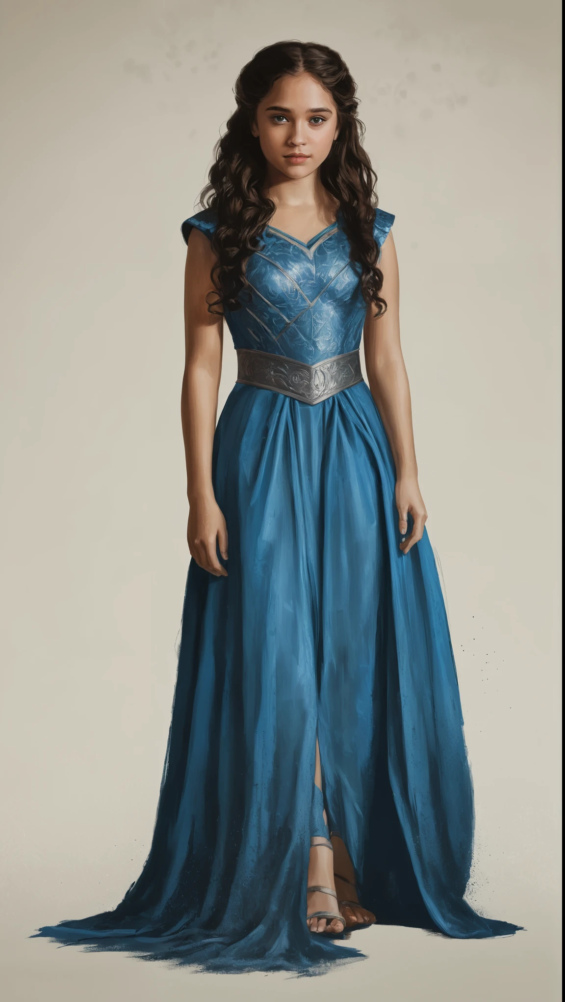 An illustrated movie poster, hand-drawn, full color, a Westerosi age girl, wearing a regal dress, brown complexion, azure blue eyes, dark hair, long loose curls, waist-length hair, posing on a pedestal, hard shadows, graphite shading, stencil marks, airbrushed acrylic paint, masterpiece, in the style of Game of Thrones