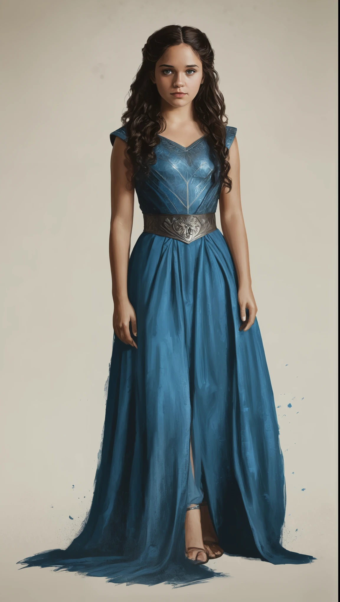 An illustrated movie poster, hand-drawn, full color, a Westerosi age girl, wearing a regal dress, brown complexion, azure blue eyes, dark hair, long loose curls, waist-length hair, posing on a pedestal, hard shadows, graphite shading, stencil marks, airbrushed acrylic paint, masterpiece, in the style of Game of Thrones