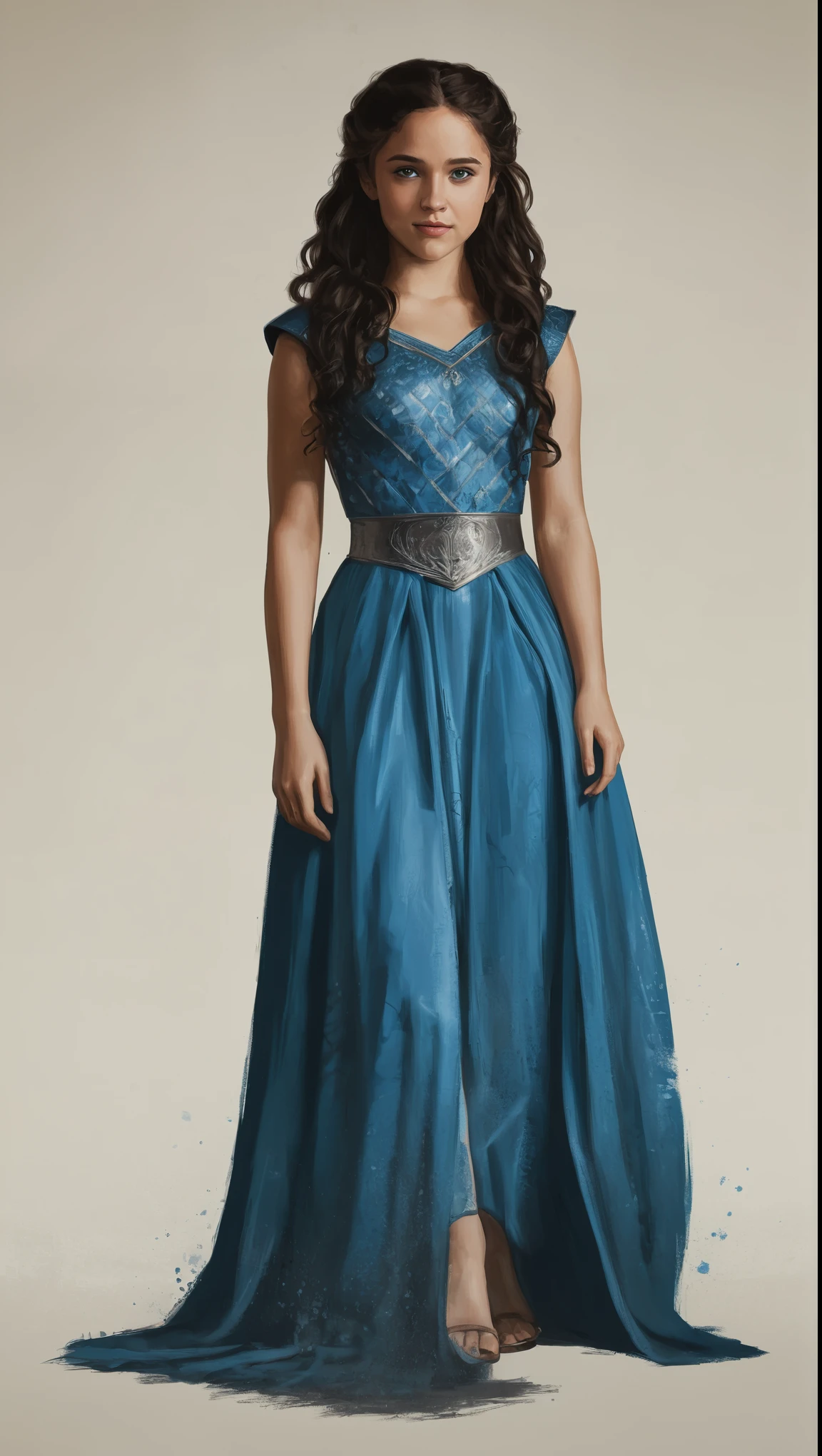 An illustrated movie poster, hand-drawn, full color, a Westerosi teenage girl, wearing a regal dress, brown complexion, azure blue eyes, dark hair, long loose curls, waist-length hair, posing on a pedestal, hard shadows, graphite shading, stencil marks, airbrushed acrylic paint, masterpiece, in the style of Game of Thrones