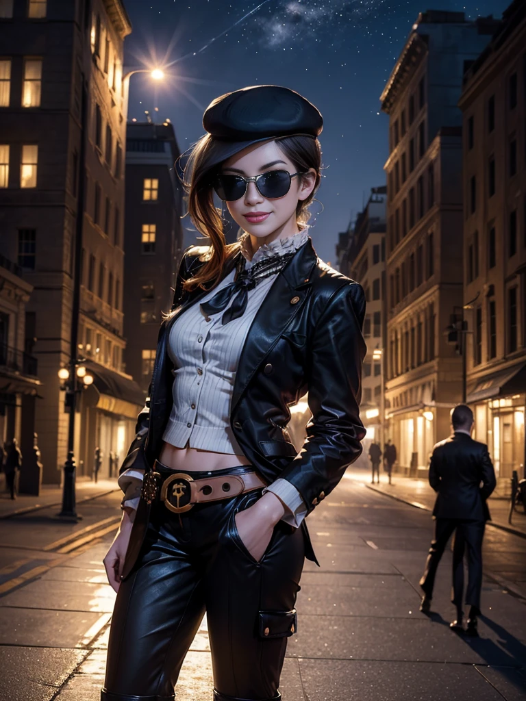 (masterpiece,stunning girlfriend, (standing:1.1), dynamic pose, heart shaped face,elegant face, beautiful face, highly detailed face, highly detailed skin, skin pores, subsurface scattering, realistic pupils, loving smile, looking at viewer, full lips, detailed background, depth of field, atmospheric perspective, volumetric lighting, sharp focus, absurdres, realistic proportions, good anatomy, (realistic, hyperrealistic:1.4), 16k hdr, (masterpiece, best quality:1.2), cowboy shot, solo, 1girl, coco adel, grin, looking at viewer, hand on hip, beret, sunglasses, white shirt, black tie, office suit, black shoes, black gloves, (blazer and matching pants), jewelry, belt, standing outdoors, night, stars, the white house, Washington DC, crowds