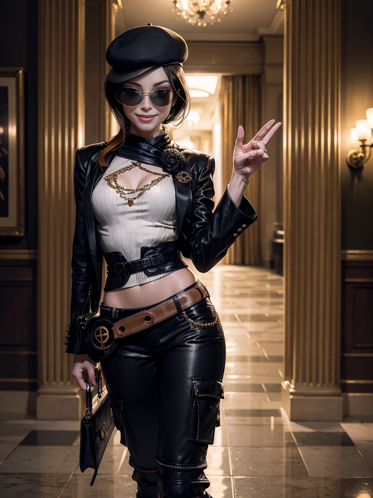 (masterpiece,stunning girlfriend, (standing:1.1), dynamic pose, heart shaped face,elegant face, beautiful face, highly detailed face, highly detailed skin, skin pores, subsurface scattering, realistic pupils, loving smile, looking at viewer, full lips, detailed background, depth of field, atmospheric perspective, volumetric lighting, sharp focus, absurdres, realistic proportions, good anatomy, (realistic, hyperrealistic:1.4), 16k hdr, (masterpiece, best quality:1.2), cowboy shot, solo, 1girl, coco adel, grin, looking at viewer, hand on hip, beret, sunglasses, white shirt, black tie, office suit, black shoes, black gloves, (blazer and matching pants), jewelry, belt, standing outdoors, night, stars, the white house, Washington DC, crowds