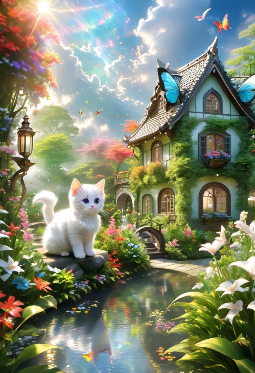 This scene is very fascinating、In the distance, a young girl can be seen in a beautiful garden watching a white kitten happily catching butterflies., The English-style garden is decorated with lush greenery and colorful flowers.、The sunlight filtering through the trees gives off a warm glow.。The bright butterflies fluttering around the white kitten create a lively atmosphere.。 The white kitten is expressive、The detailed fur and unique folded ears add to its charm.。The English-style garden is beautifully maintained.、Neatly trimmed bushes and々Various plants are arranged。The stream&#39;s crystal clear water reflects the serene environment.、Colorful English-style house in the distance々adds a bit of whimsy to the scene.。 The scene has an atmosphere of tranquility and contemplation.、Expressing the world of high fantasy。Guardian nebula of rainbow light and silvery vapor、The colors of the Corrosive Encirclement Ray family fill the sky、There is a slimy feeling in the air.。A beautiful piece of artwork that exudes a mysterious aura.。