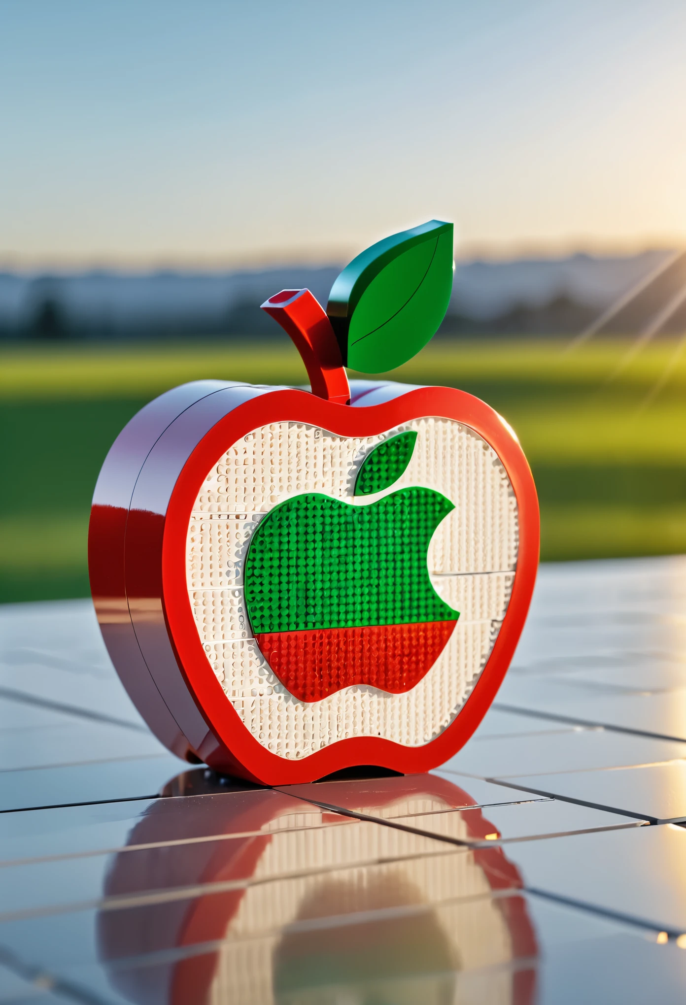 Realistic 8K raw photography, (lego brick apple logo:1.4), Minimalist composition, United lego bricks, Great illumination, Bokeh background, (Highly detailed bricks:1.3), Pure color palette, Reflective surfaces, Ultra-clear details, Captured with a professional 8K camera, Unmatched clarity