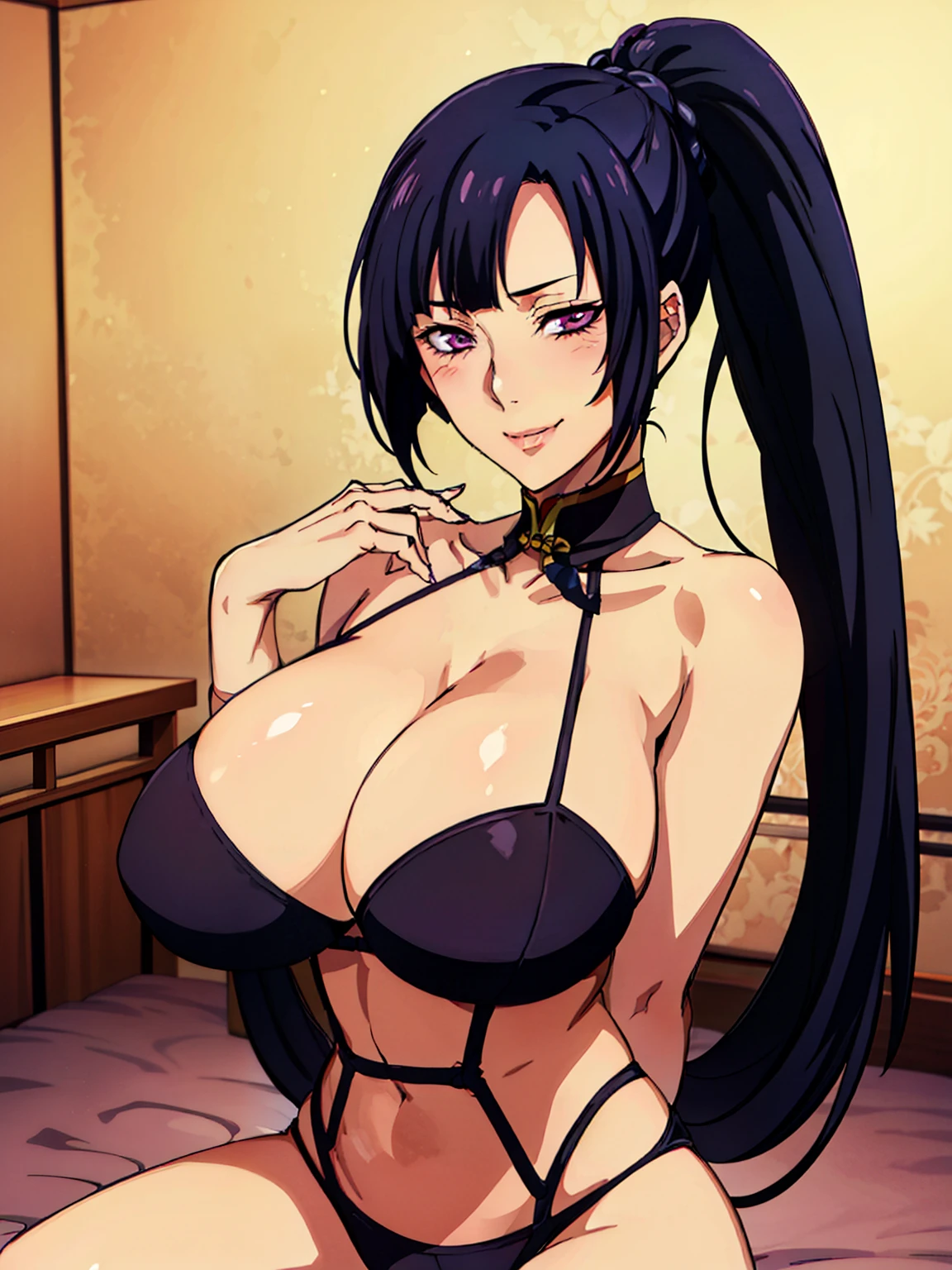 squatting, black bikini, (chinese bedroom background), Litchi Faye-Ling, mature woman, anime cels style, best quality, high resolution, 1girl, (:1.2), beautiful face, Beautiful Finger, Beautiful long legs, Beautiful body, Beautiful Nose,Beautiful character design, black hair, very long hair, ponytail,Bangs,purple eyes, (cowboy shot), smiling, blushing, looking at viewer