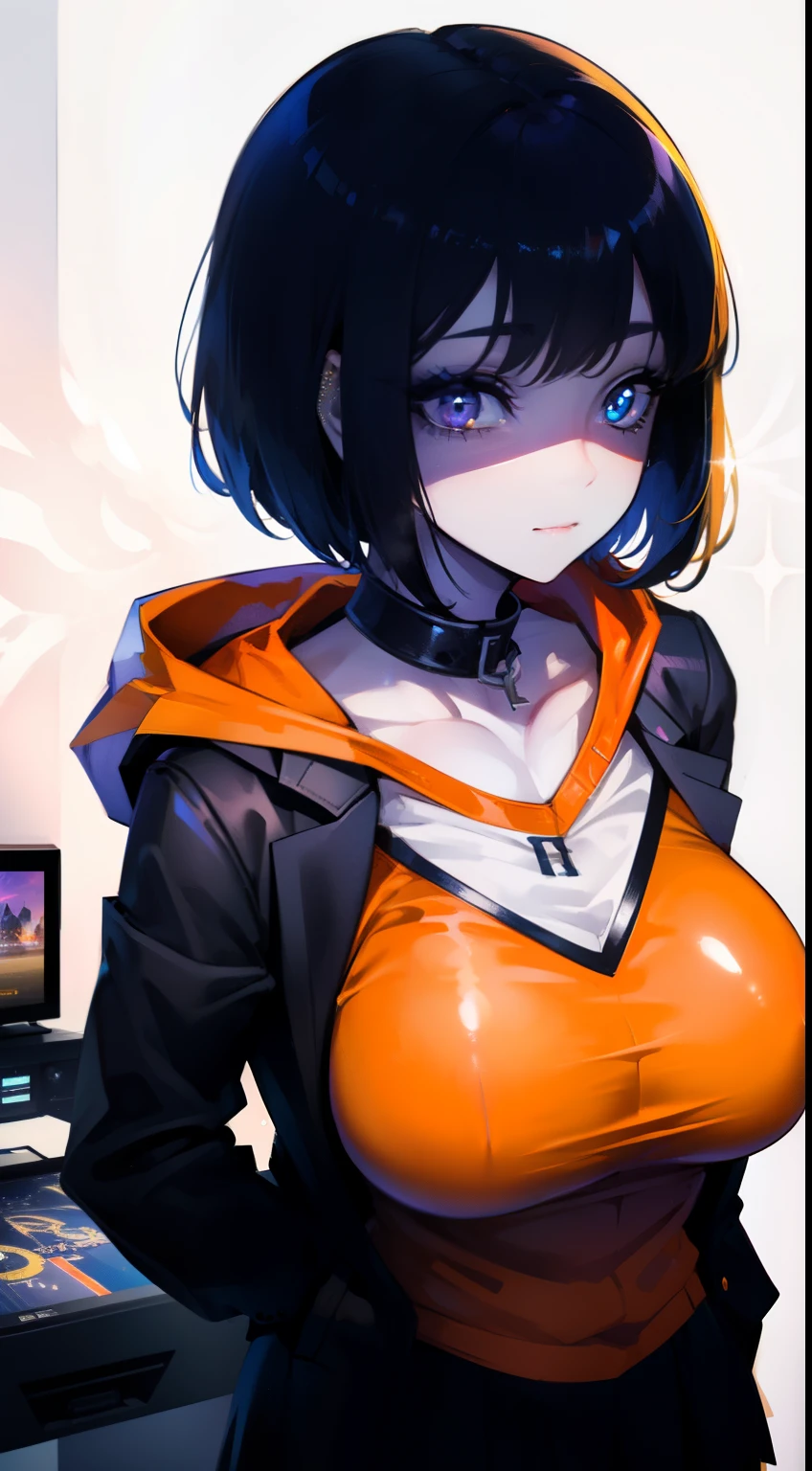 Cinematic lighting、(key light:Front diagonal 45 degrees, fill light、Backlight、shadow、blue and orange color palette), accurate human body、detailed person、Correct five-finger、RAW photo、 4K - ultra-vivid、highest quality, masterpiece, ultra high resolution, (reality: 1.4),
(((oil skin,sparkling skin、realistic skin texture、detailed beautiful skin、shiny skin、shiny skin)))、
upper body shot, camera angle is low, Depth of the bounds written, Focus on the center, fine eyes, perfect face and eyes、
At the amusement arcade, game console, game machine,
girl, short bob black hair, early , black Hoodie with pockets, plaid miniskirt, purple collar, black face mask, piercing,
small breasts, slender, standing , naughty,
zettai ryouiki, absurd resolution, absurd detailed, best quality, (((big breasts)))