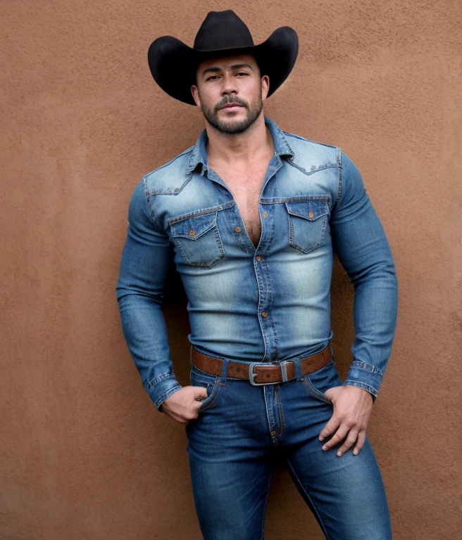 colth, solo, smile, 1boy, hat, navel, nipples, male focus, open jacket, nude, uncensored, muscular, penis, male pubic hair, abs, testicles, pectorals, muscular male, bara, cowboy hat