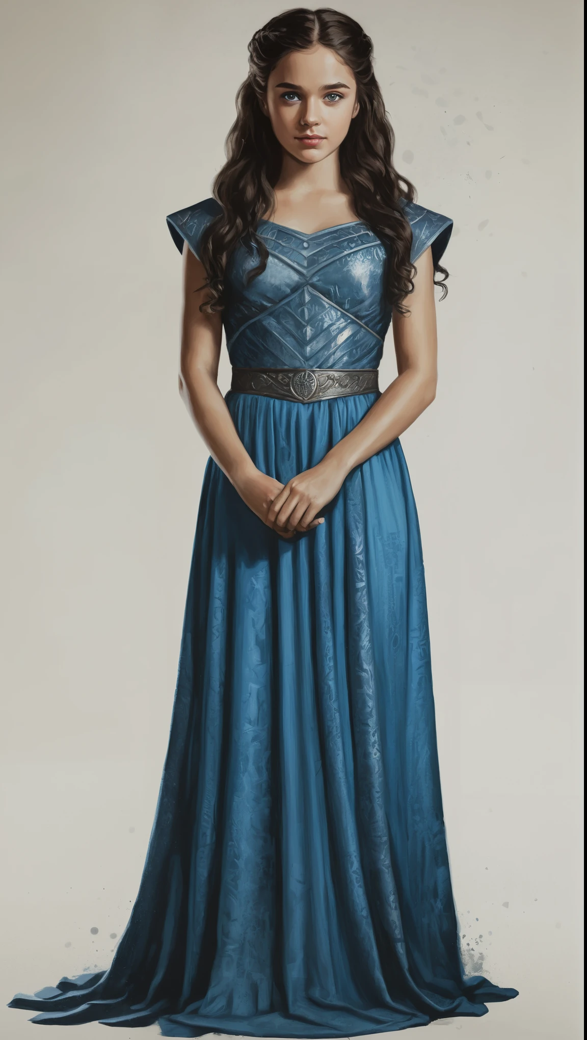 An illustrated movie poster, hand-drawn, full color, a Westerosi teenage girl, wearing a regal dress, dark brown complexion, azure blue eyes, dark hair, long loose curls, waist-length hair, posing on a pedestal, hard shadows, graphite shading, stencil marks, airbrushed acrylic paint, masterpiece, in the style of Game of Thrones 