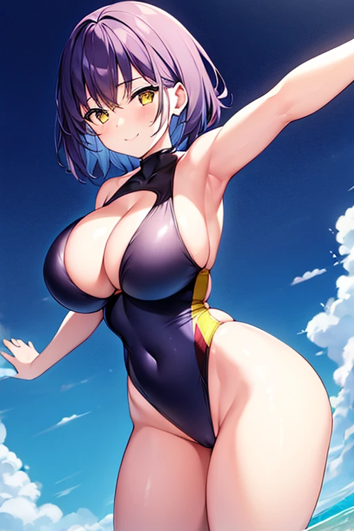 1girl, ?????????????, ???????, wide ????, thick thighs, purple hair, short hair, very short hair, yellow eyes, one-piece swimsuit, blue swimsuit, competition swimsuit, black one-piece swimsuit, light smile, smile, hourglass figure, toned, toned female, tall, tall female, carry me, outstreched arms, outstreched arm, incoming hug, \o/, reaching towards viewer