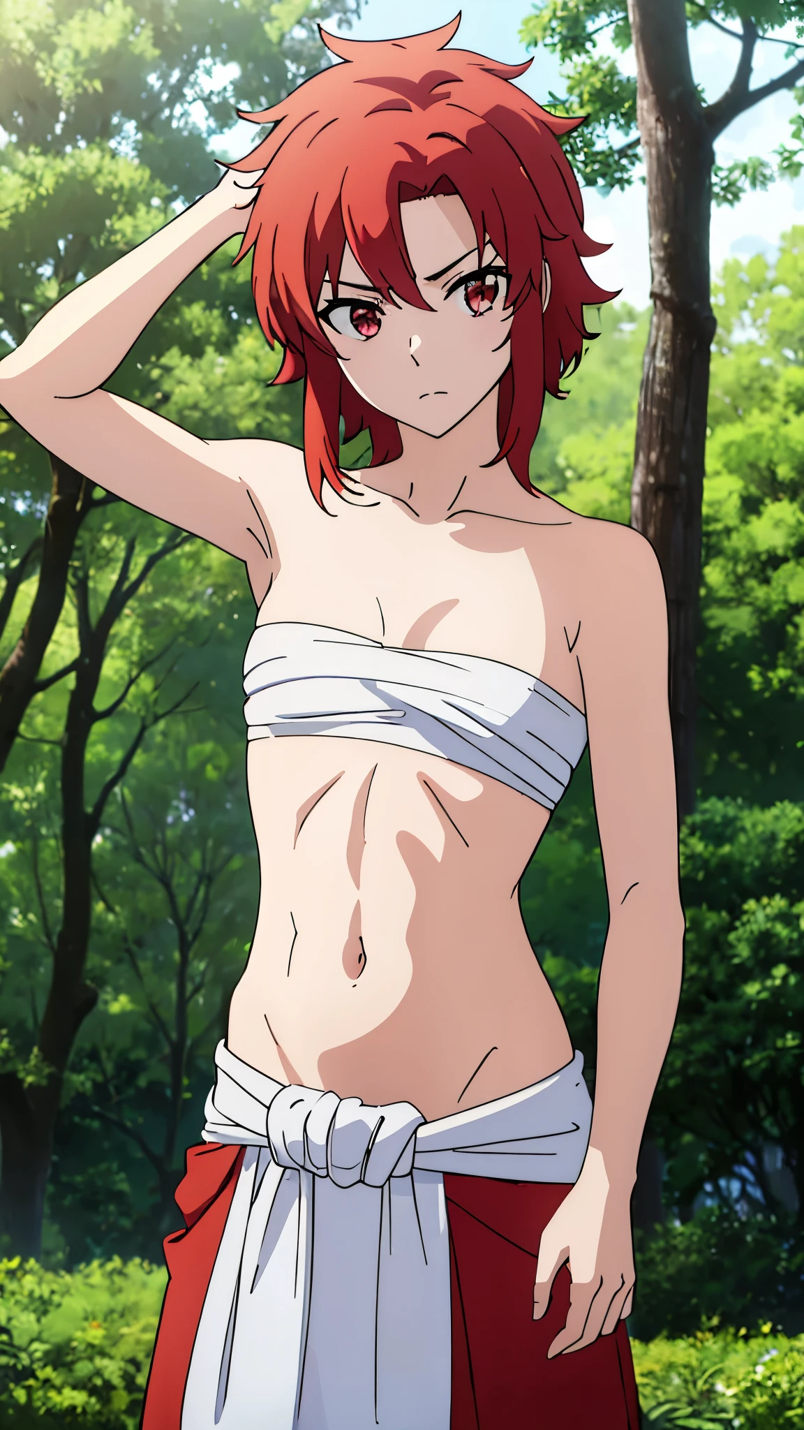 masterpiece, highres, solo, 8k, detailed, perfect face, best quality, (ultra high quality), (looking at viewers), (armpit), collarbone, bare arms, small breast, cleavage, red hair, red eyes, gradation eyes, belly, stomach, navel, abs, sarashi chest, bandaged breast, (red hakama), slim body, upper body, emotionless, flat face, closed mouth, at forest, hand up