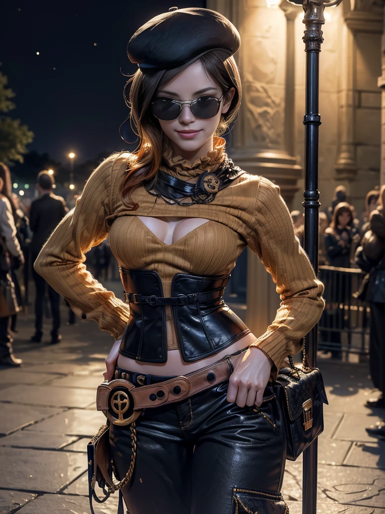 (masterpiece,stunning girlfriend, (standing:1.1), dynamic pose, heart shaped face,elegant face, beautiful face, highly detailed face, highly detailed skin, skin pores, subsurface scattering, realistic pupils, loving smile, looking at viewer, full lips, detailed background, depth of field, atmospheric perspective, volumetric lighting, sharp focus, absurdres, realistic proportions, good anatomy, (realistic, hyperrealistic:1.4), 16k hdr, (masterpiece, best quality:1.2), cowboy shot, solo, 1girl, coco adel, grin, looking at viewer, hand on hip, beret, sunglasses, orange sweater, corset, black gloves, pants, jewelry, belt, bandolier, standing outdoors, night, stars, the white house, Washington DC, crowd