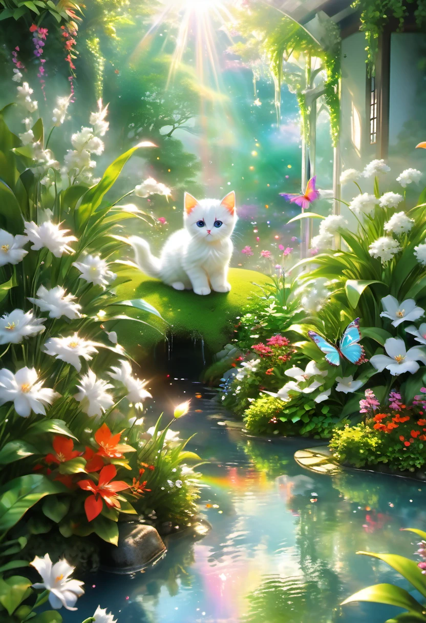 This scene is very fascinating、A girl and a white kitten in a beautiful garden, In the distance, a  can be seen watching a white kitten happily catching butterflies., The garden is decorated with lush greenery and colorful flowers.、The sunlight filtering through the trees gives off a warm glow.。The bright butterflies fluttering around the white kitten create a lively atmosphere.。 The white kitten is expressive、The detailed fur and unique folded ears add to its charm.。The gardens are beautifully maintained、Neatly trimmed bushes and々Various plants are arranged。The stream&#39;s crystal clear water reflects the serene environment.、Colorful facade of house in the distance々adds a bit of whimsy to the scene.。 The scene has an atmosphere of tranquility and contemplation.、Expressing the world of high fantasy。Guardian nebula of rainbow light and silvery vapor、The colors of the Corrosive Encirclement Ray family fill the sky、There is a slimy feeling in the air.。A beautiful piece of artwork that exudes a mysterious aura.。