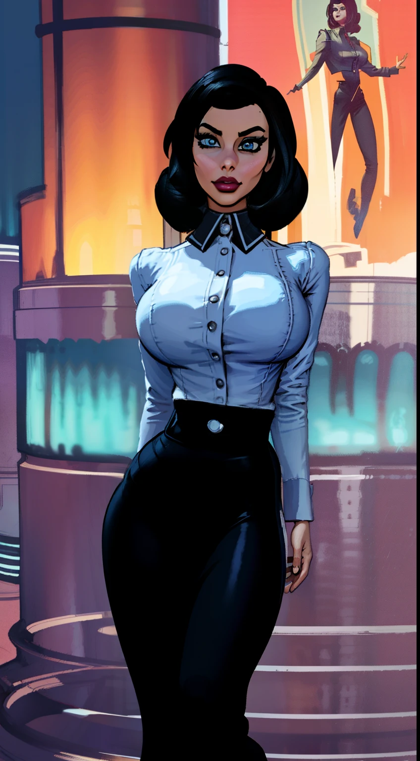 ((Elizabeth)), full body pose, dynamic image, perfect anatomy, perfect composition, detailed face, Bioshock infinite, Female in middle of image,(( official art)), concept character, character design, sketch,doodletits,, sexy lips, (gigantic breasts:1.1), skindentation, breasts, official illustration, illustration, detailed face, beautiful intricate eyes, curvy milf, 1:2), closeup, titsnipples, hourglass waist, slendered ans, wide hips,