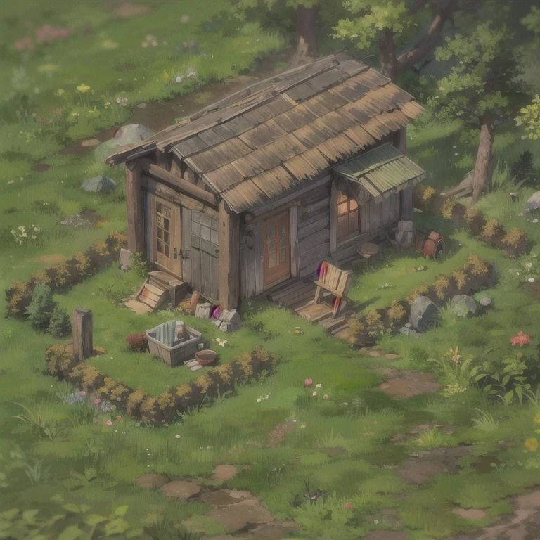 small cabin in the forest isometric beautiful hand painted 