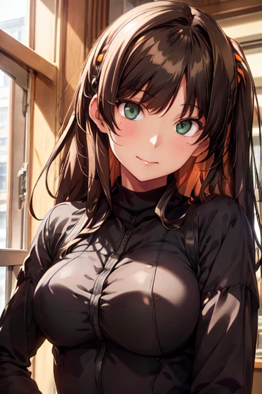 Black shirt,long sleeves,turtleneck, hair ornament, Green eyes, Orange hair,bangs,Long hair, 1 girl, 20yo,Young female,Beautiful long legs,Beautiful body, Beautiful Nose,Beautiful character design, perfect eyes, perfect face,expressive eyes,perfect balance, looking at viewer,(Focus on her face),closed mouth, (innocent_big_eyes:1.0),(Light_Smile:0.3), official art,extremely detailed CG unity 8k wallpaper, perfect lighting,Colorful, Bright_Front_face_Lighting,White skin, (masterpiece:1.0),(best_quality:1.0), ultra high res,4K,ultra-detailed, photography, 8K, HDR, highres, absurdres:1.2, Kodak portra 400, film grain, blurry background, bokeh:1.2, lens flare, (vibrant_color:1.2),professional photograph, (Beautiful,large_Breasts:1.4), (beautiful_face:1.5),(narrow_waist), (((Full-Body-Image)))