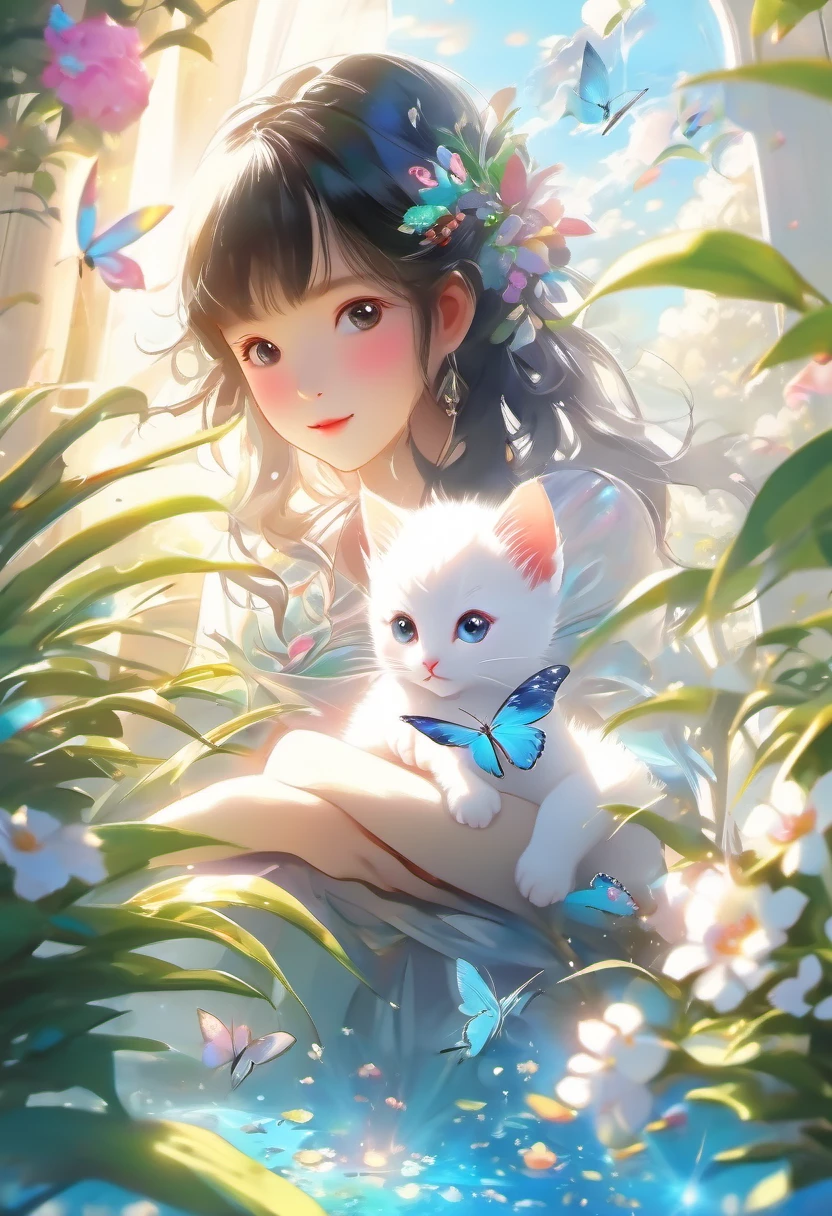 This scene is very fascinating、A girl and a white kitten in a beautiful garden, In the distance, a can be seen watching a white kitten happily catching butterflies., The garden is decorated with lush greenery and colorful flowers.、The sunlight filtering through the trees gives off a warm glow.。The bright butterflies fluttering around the white kitten create a lively atmosphere.。 The white kitten is expressive、The detailed fur and unique folded ears add to its charm.。The gardens are beautifully maintained、Neatly trimmed bushes and々Various plants are arranged。The stream's crystal clear water reflects the serene environment.、Colorful facade of house in the distance々adds a bit of whimsy to the scene.。 The scene has an atmosphere of tranquility and contemplation.、Expressing the world of high fantasy。Guardian nebula of rainbow light and silvery vapor、The colors of the Corrosive Encirclement Ray family fill the sky、There is a slimy feeling in the air.。A beautiful piece of artwork that exudes a mysterious aura.。