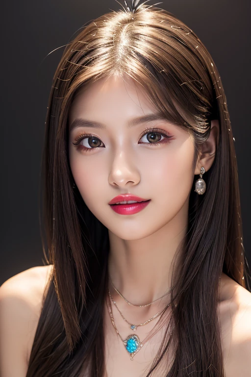 (highest quality、table top、8K、best image quality、Award-winning work)、(one young girl, :1.3)、(red eyeshadow:1.2)、perfect makeup、long eyelashes、Super high-definition sparkling eyes、ultra high definition hair、ultra high resolution glossy lips、Super high resolution perfect teeth、Super high resolution cute face、brown hair、(very long straight hair:1.1)、look at me and smile、[clavicle]、accurate anatomy、(close up of face:1.5)、(((professional lighting:1.2)))、Super high-resolution glossy and moisturized face、Super high resolution glowing skin、most detailed face、Ultra high resolution detailed faces、ultra high resolution hair、Super high resolution sparkling eyes、Beautiful face drawn in every detail、Super high resolution glossy red lips、(((Elegant dress 1.5)))、(((necklace1.5)))、(Black Background 1.5)、