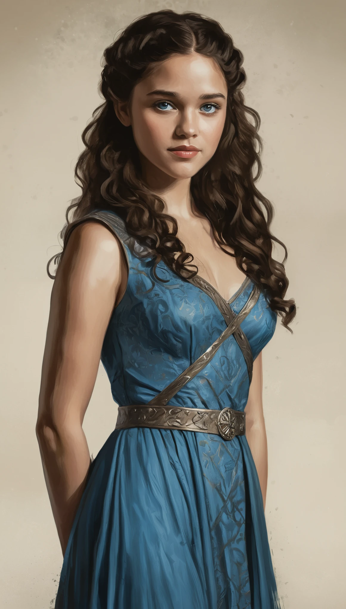 An illustrated movie poster, hand-drawn, full color, a Westerosi teenage girl, wearing a regal dress, warm brown complexion, azure blue eyes, dark hair, long loose curls, waist-length hair, posing on a pedestal, hard shadows, graphite shading, stencil marks, airbrushed acrylic paint, masterpiece, in the style of Game of Thrones
