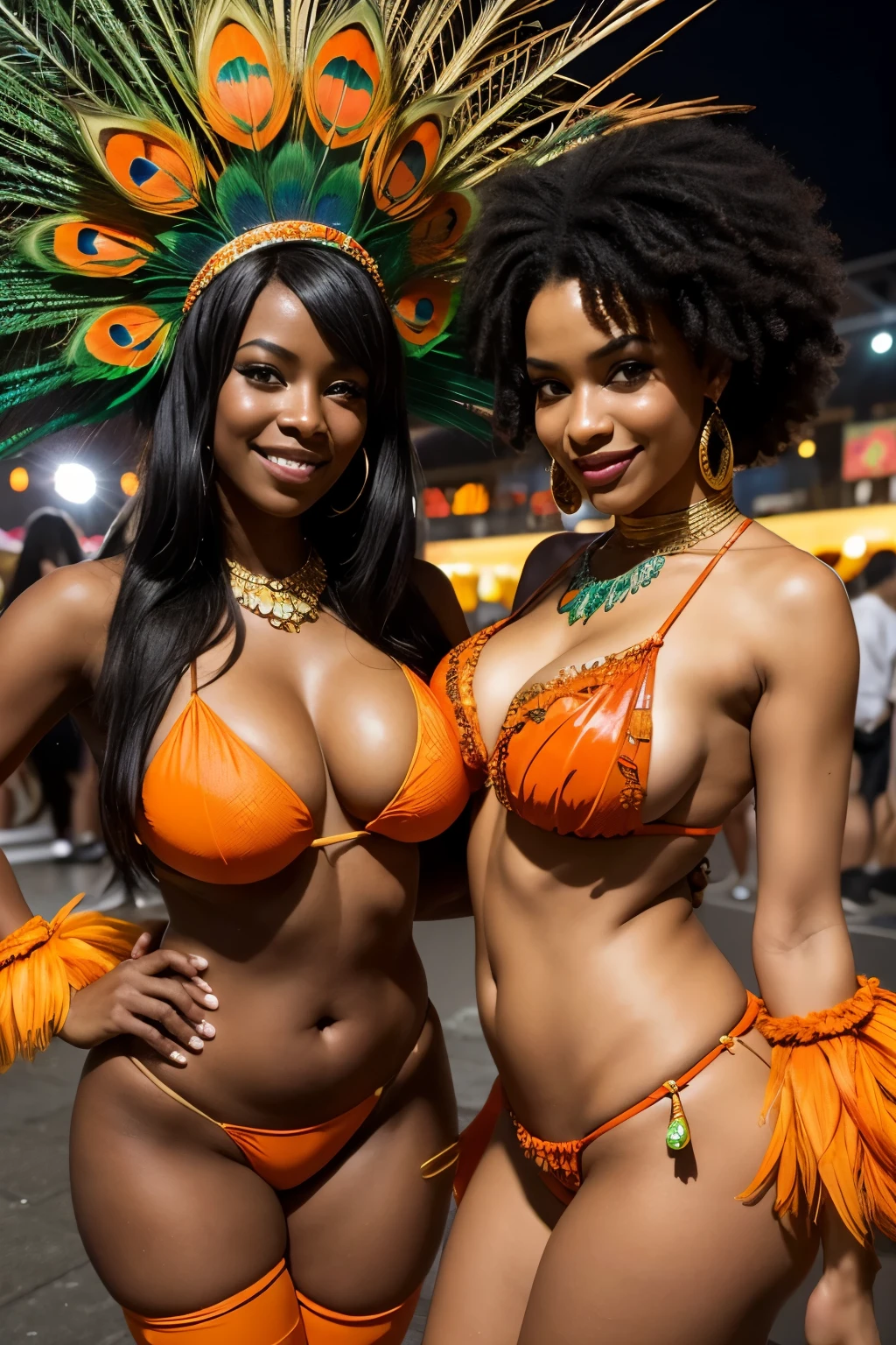 Two beautiful black Brazilian women、black hair、smile、Orange Peacock Feather根の冠、huge breasts、plump body、Orange Peacock Feather、Orange Micro Bikini、Orange knee-high boots、crowded with many spectators、Samba Carnival in Rio