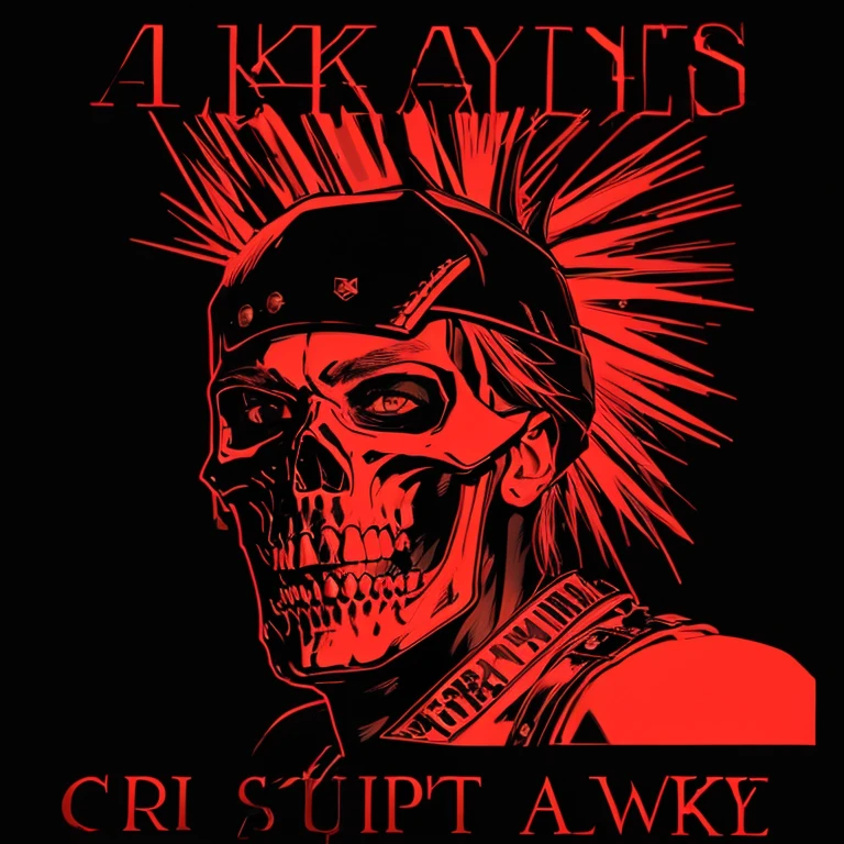 Punk skull with red mohawk, wide open mouth, detailed teeth, empty eye sockets, black and white graphic style, high contrast, (best quality, 4k, 8k, high resolution, masterpiece:1.2), ultra-detailed, (realistic, photorealistic, photo-realistic:1.37), HDR, UHD, sharp focus, flat illustration, bold lines, (punk, rebellious, aggressive:1.2), cool color tones,