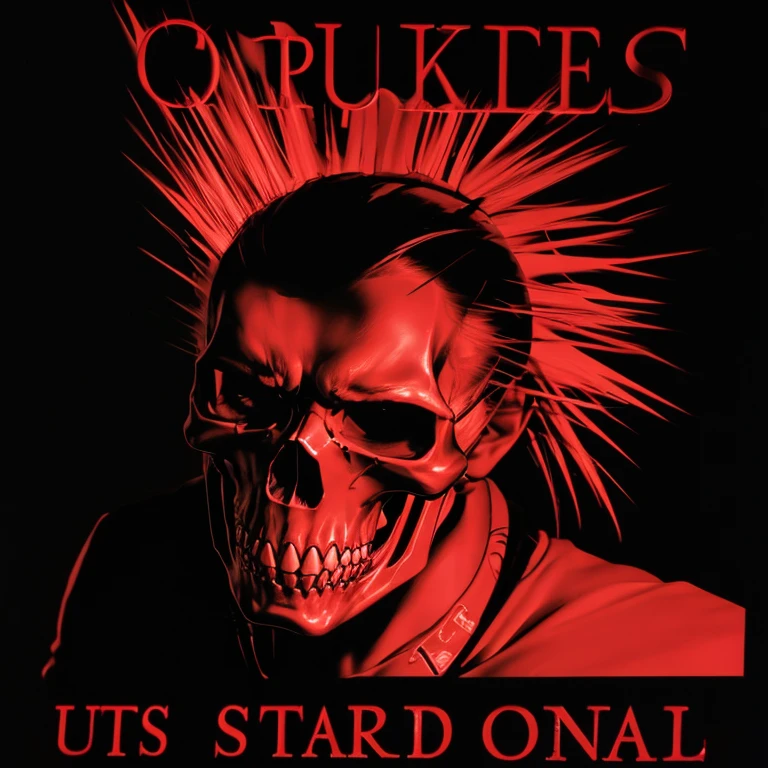 Punk skull with red mohawk, wide open mouth, detailed teeth, empty eye sockets, black and white graphic style, high contrast, (best quality, 4k, 8k, high resolution, masterpiece:1.2), ultra-detailed, (realistic, photorealistic, photo-realistic:1.37), HDR, UHD, sharp focus, flat illustration, bold lines, (punk, rebellious, aggressive:1.2), cool color tones,