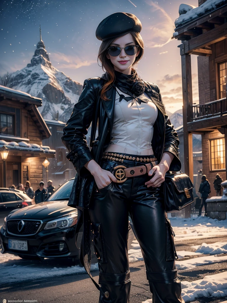 (masterpiece,stunning girlfriend, (standing:1.1), dynamic pose, heart shaped face,elegant face, beautiful face, highly detailed face, highly detailed skin, skin pores, subsurface scattering, realistic pupils, loving smile, looking at viewer, full lips, detailed background, depth of field, atmospheric perspective, volumetric lighting, sharp focus, absurdres, realistic proportions, good anatomy, (realistic, hyperrealistic:1.4), 16k hdr, (masterpiece, best quality:1.2), cowboy shot, solo, 1girl, coco adel, grin, looking at viewer, hand on hip, beret, sunglasses, white shirt, black tie, business suit, black shoes, black gloves, jacket, pants, jewelry, belt, standing outdoors, night, stars, near ski lodge, snow, mountain, crowds