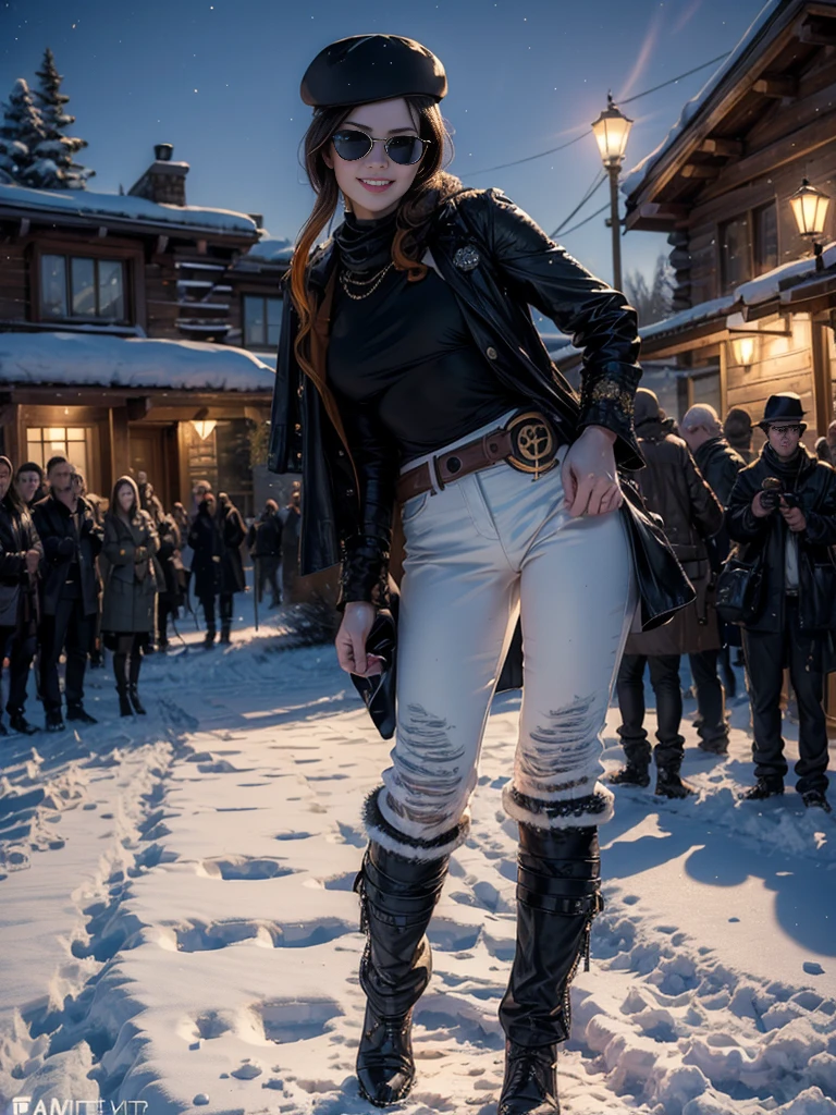 (masterpiece,stunning girlfriend, (standing:1.1), dynamic pose, heart shaped face,elegant face, beautiful face, highly detailed face, highly detailed skin, skin pores, subsurface scattering, realistic pupils, loving smile, looking at viewer, full lips, detailed background, depth of field, atmospheric perspective, volumetric lighting, sharp focus, absurdres, realistic proportions, good anatomy, (realistic, hyperrealistic:1.4), 16k hdr, (masterpiece, best quality:1.2), cowboy shot, solo, 1girl, coco adel, grin, looking at viewer, hand on hip, beret, sunglasses, white shirt, black tie, business suit, black shoes, black gloves, jacket, pants, jewelry, belt, standing outdoors, night, stars, near ski lodge, snow, mountain, crowds 