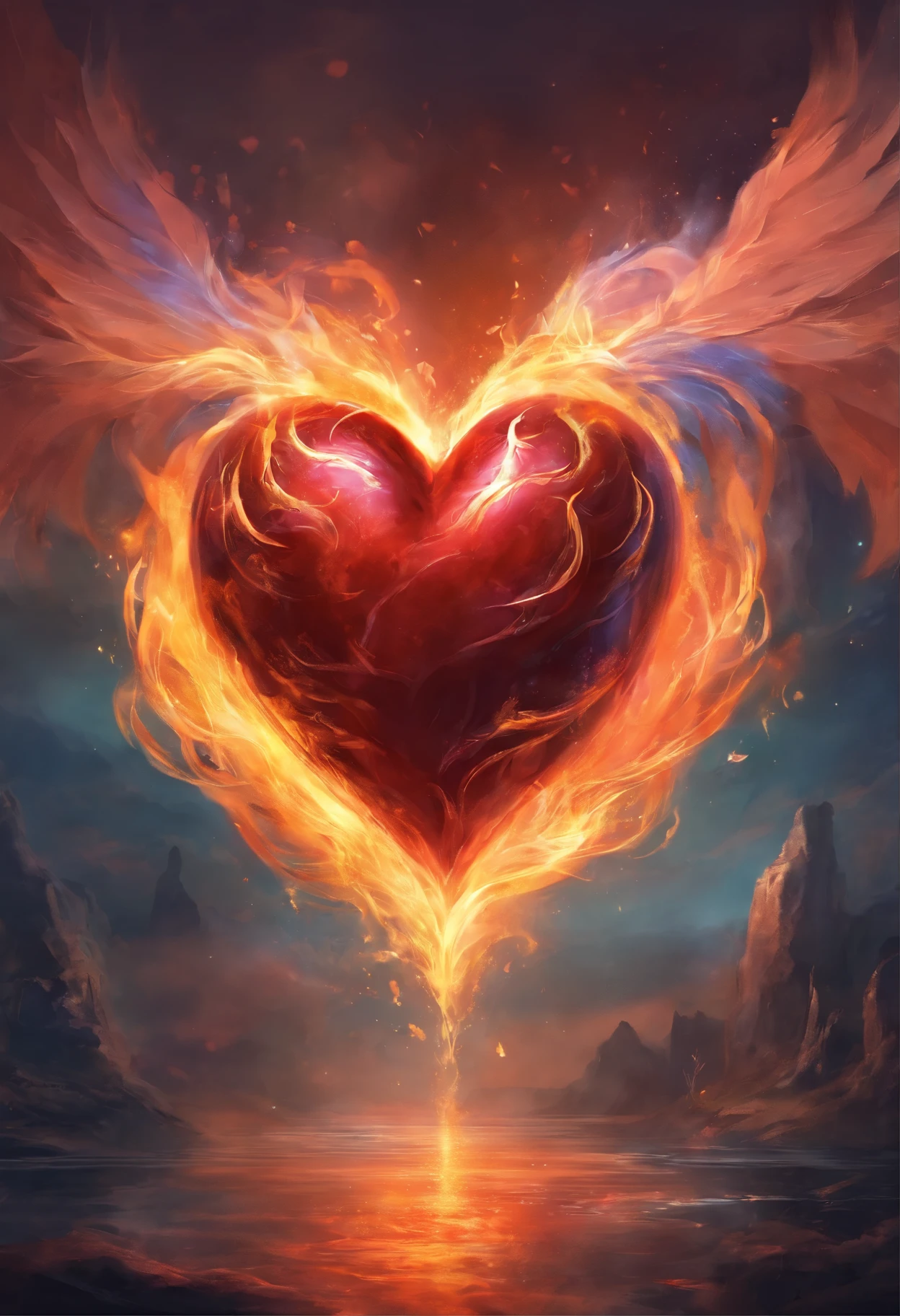 Heart in hands, fire and water consume the heart