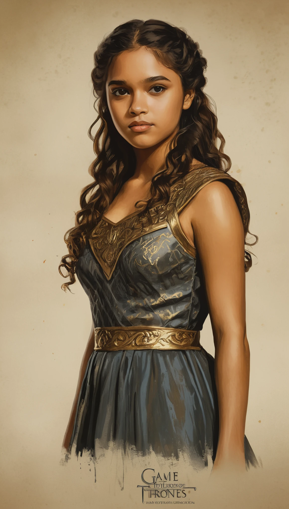 An illustrated movie poster, hand-drawn, full color, a Westerosi teenage girl, wearing a regal dress, brown complexion, golden amber eyes, dark hair, long loose curls, waist-length hair, posing on a pedestal, hard shadows, graphite shading, stencil marks, airbrushed acrylic paint, masterpiece, in the style of Game of Thrones