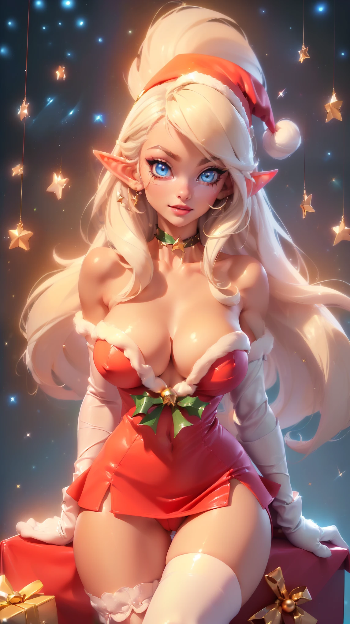 ((sit on floor alongside christmas tree without underwear)) ((tall beautiful female elf santa claus helper)), detailed beautiful face,((Perfect Big bright blue eyes)), ((elf ears)) ((dark eyeshadows make up)) ((bright red lipstick)), ((happy smile)) ((very long Realistic platinum blonde hair with bangs covering one eye)) ((huge beauty shape breasts:1.6)) ((perfect slender body:1.3)) ((wears micro red strappless christmas dress, ((micro short skirt)), gloves and long socks)), (((perfect beautiful nude pussy lips))), ((choker, christmas hat)) ((sexy pose)) ((inside photo studio with lights reflectors on her)) ((christmas decoration, many gift box on display)), ((high definition:1.5), ((amazing lights and shadows)) ((masterpiece:1.5))((8k:1.5)) ((Best quality:1.4)), sharp focus, Extremely Realistic, high resolution, 8k.