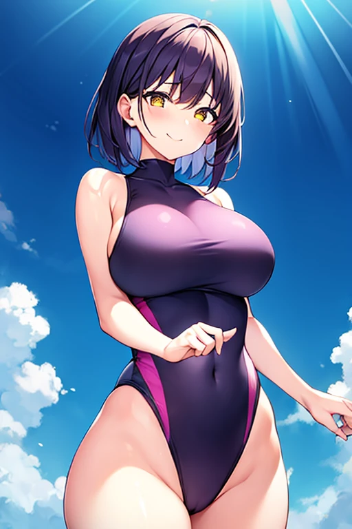 1girl, large breasts, breasts, wide hips, thick thighs, purple hair, short hair, very short hair, yellow eyes, one-piece swimsuit, blue swimsuit, competition swimsuit, black one-piece swimsuit, light smile, smile, hourglass figure, toned, toned female, tall, tall female, carry me, outstreched arms, outstreched hands, incoming hug, \o/, reaching towards viewer