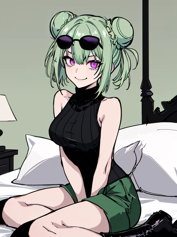 (highres), (best quality), (detailed) 1 girl, alone, medium hair, pastel green hair, twin buns, villain smile, violet eyes, round black sunglasses on head, bedroom, black sleeveless turtleneck top, green shorts, dark brown boots, sitting on bed, crossed legs