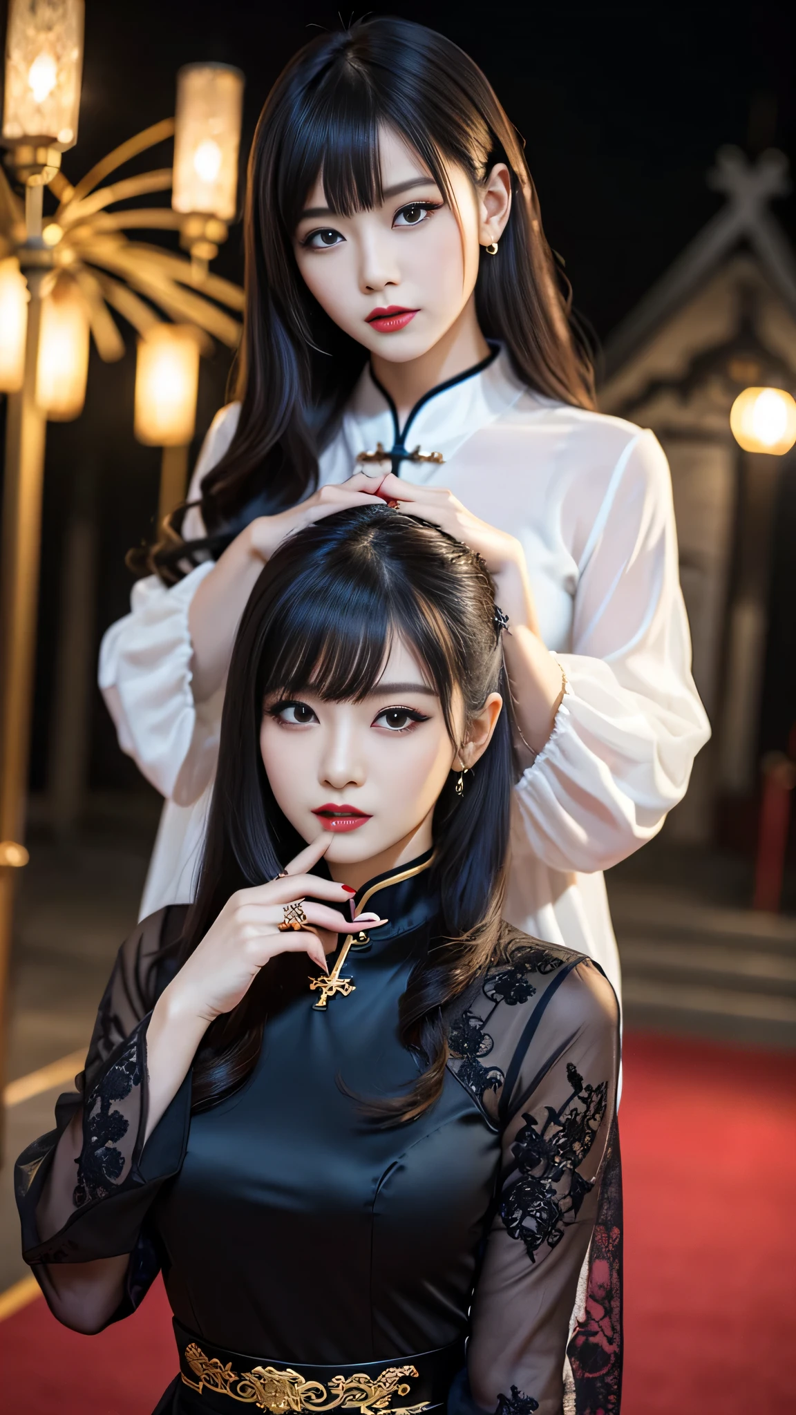 tra-detailed、Japanese、attractive beauty、seductive adult woman、pretty woman、piercing eyes、cool girl、wavy hair、swept bangs、Long Black and Gold Cheongsam、wide sleeves、Evil cadres、evil depravity、brainwash、mind control、lipstick、lip gloss、dark makeup、smirk、whisper in your ear、Evil expression、evil、hollow eyes,half-closed eyes、empty eyes、evil、church at night、vampire、succubus、vampire、Swear allegiance、sexy pose、hair ornaments、