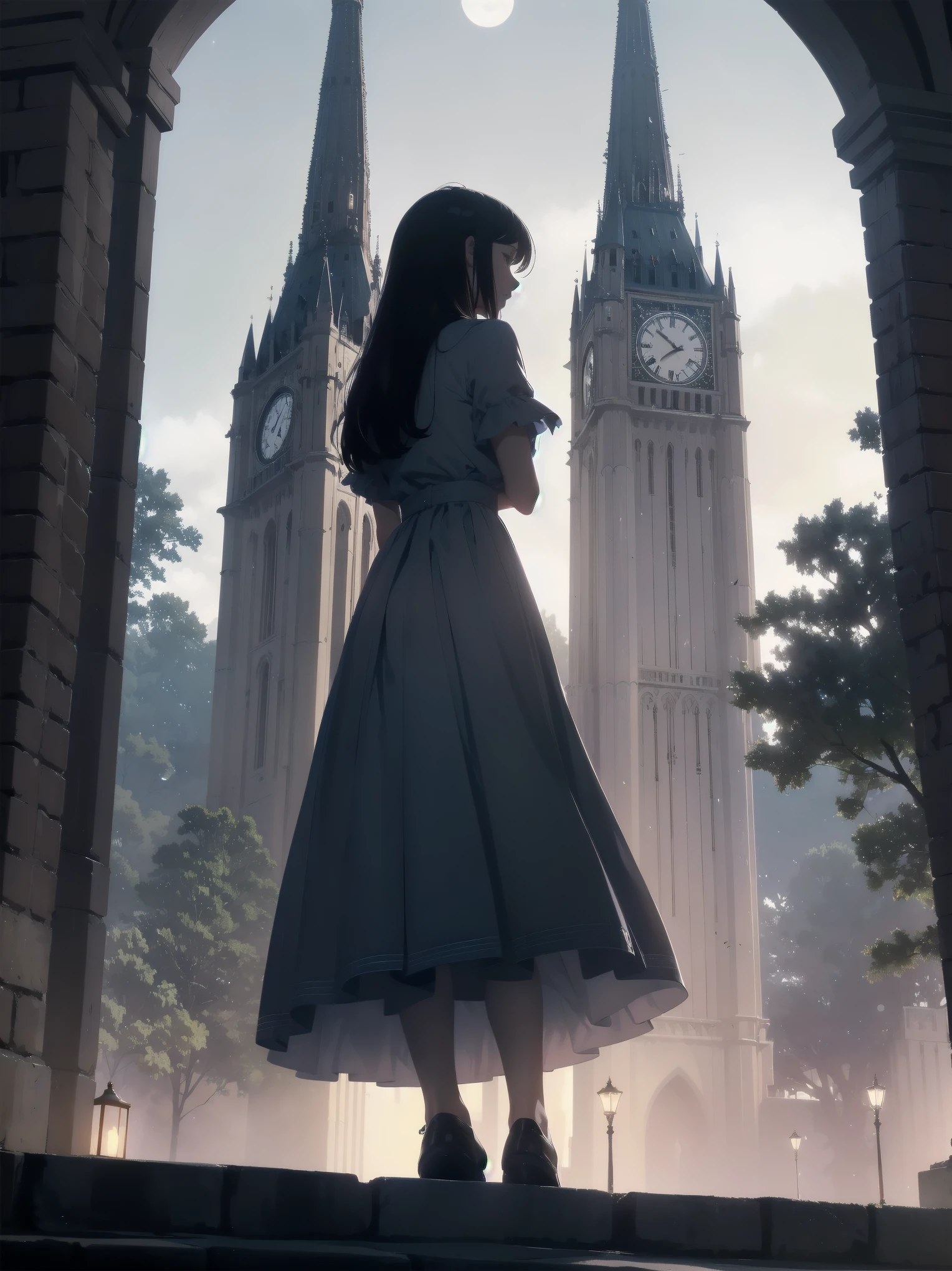 Girl looking up Scene 1: Twilight tower shadow The girl stands quietly against the sky, which is dyed an azure colour. Towering up in front of her is a huge structure called the Tower of Babel. Its form, which seems to pierce through the clouds, seems as if it is about to reach the heavens. The girl's gaze is directed towards the top of the tower. The tower, shrouded in evening darkness, creates a fantastic atmosphere. The surface of the tower is engraved with intricate patterns. It looks like ancient writing. The girl seems to sense something deep within the tower. Is it the memory of a masterpiece story or a longing for an unknown fantasy world? Scene 2: Memory of the starry sky The girl stands at the top of the tower amidst countless twinkling stars in the night sky. At her feet, the lights of the city shine like jewels. The girl closes her eyes and takes a deep breath. The scent of the night breeze is mixed with the old smell of the tower. The girl's mind replayed a famous story. It was a story of adventure and friendship that the girl read as a . The hero of the story, like the girl, climbed the Tower of Babel. There, she meets her friends and overcomes various difficulties. The girl dreamed that one day she, like the hero, would go on an adventure. Scene 3: The promise of the morning glow The girl left the tower just as the light of the morning sun was illuminating it. Looking back, the tower shone in the morning sun and even looked divine. The girl decides that one day she will climb this tower again. And when she does, she vows to spin out the rest of the masterpiece's story. Step by step, the girl walked into the future.
