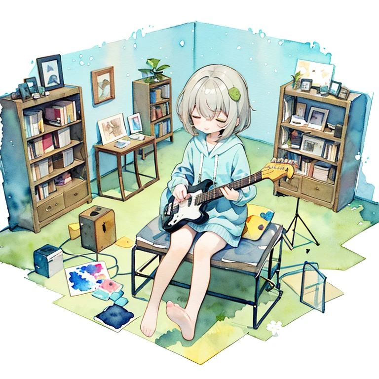 Playing electric guitar（pastel colour:1.5)、(cute illustration:1.5)、(watercolor painting:1.2)、light blue background、with a girl、Full body Esbian、laughter、Stranger、pale yellow overall、Moya、marble、deep、coral、coral礁、There&#39;s a little light around、particles of light、medium hair, gray hair, yellow eyes, hoodie, sitting, close your eyes and smile, pale skin, indoors, library, looking at the viewer, thick outline, black outline, --Rainbow 5 --Style Cute --ar 1:1 --s 500