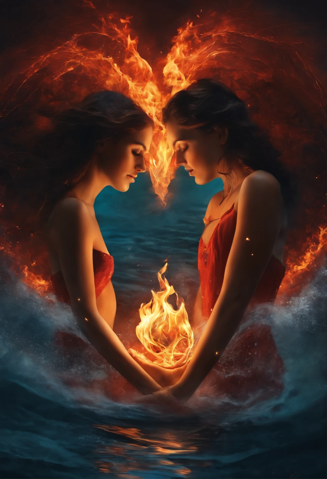 Heart in hands, fire and water consume the heart