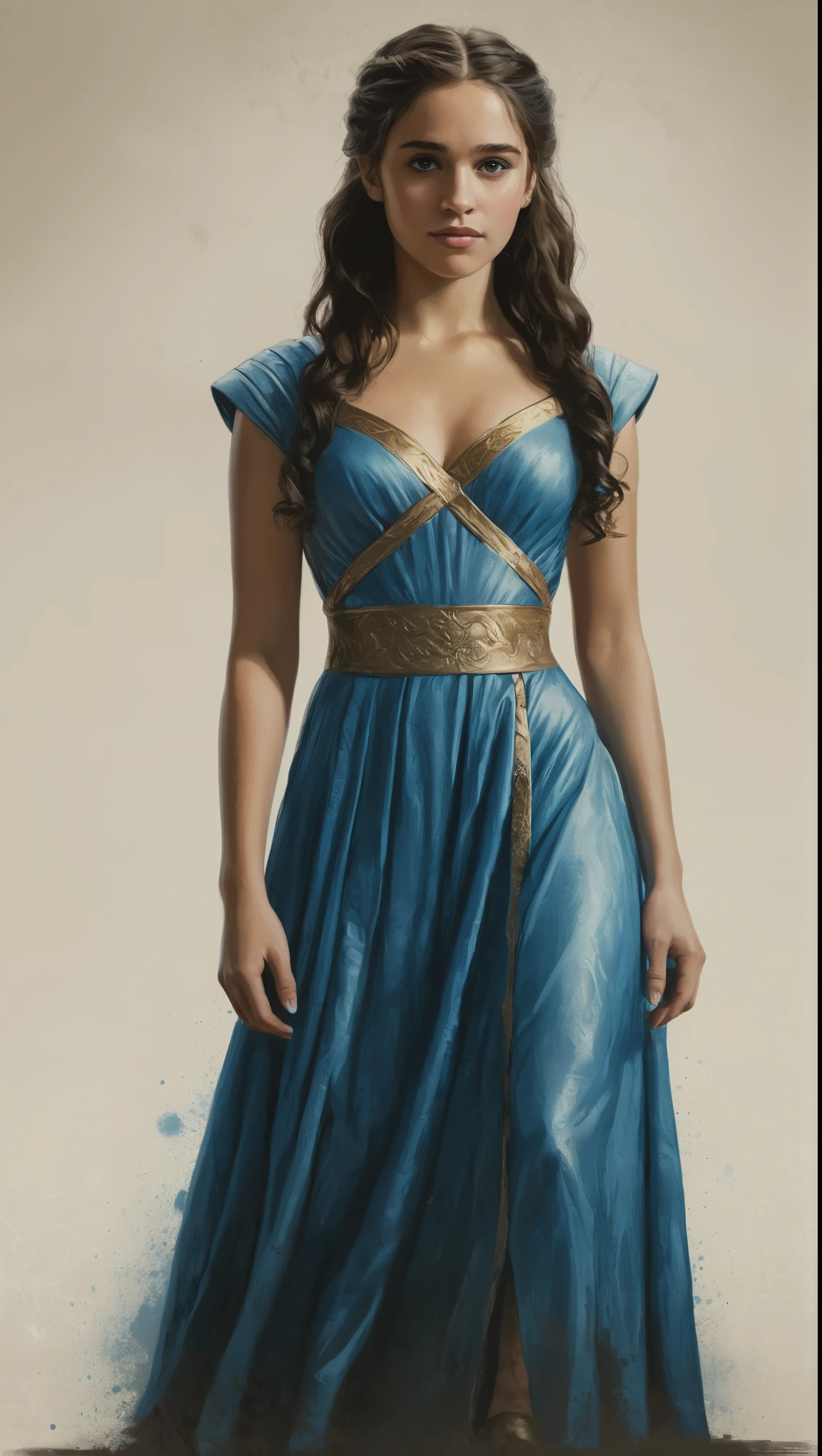 An illustrated movie poster, hand-drawn, full color, a Westerosi age girl, wearing a regal dress, golden brown complexion, azure blue eyes, dark hair, long loose curls, waist-length hair, posing on a pedestal, hard shadows, graphite shading, stencil marks, airbrushed acrylic paint, masterpiece, in the style of Game of Thrones