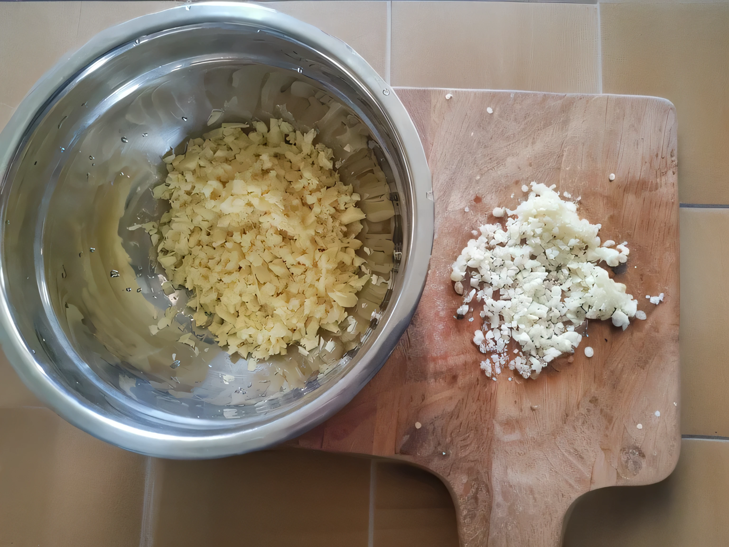 there is a bowl of food on a cutting board next to a knife, cheesy, mash potatoes, salt, recipe, mac and cheese, ingredients on the table, rice, butter, melted cheddar, cooking, cooked, wax, melting cheese, cheeses, rough, pasta, resin, melted cheese, mashed potatoes, more and more composision, mix, mmmmm