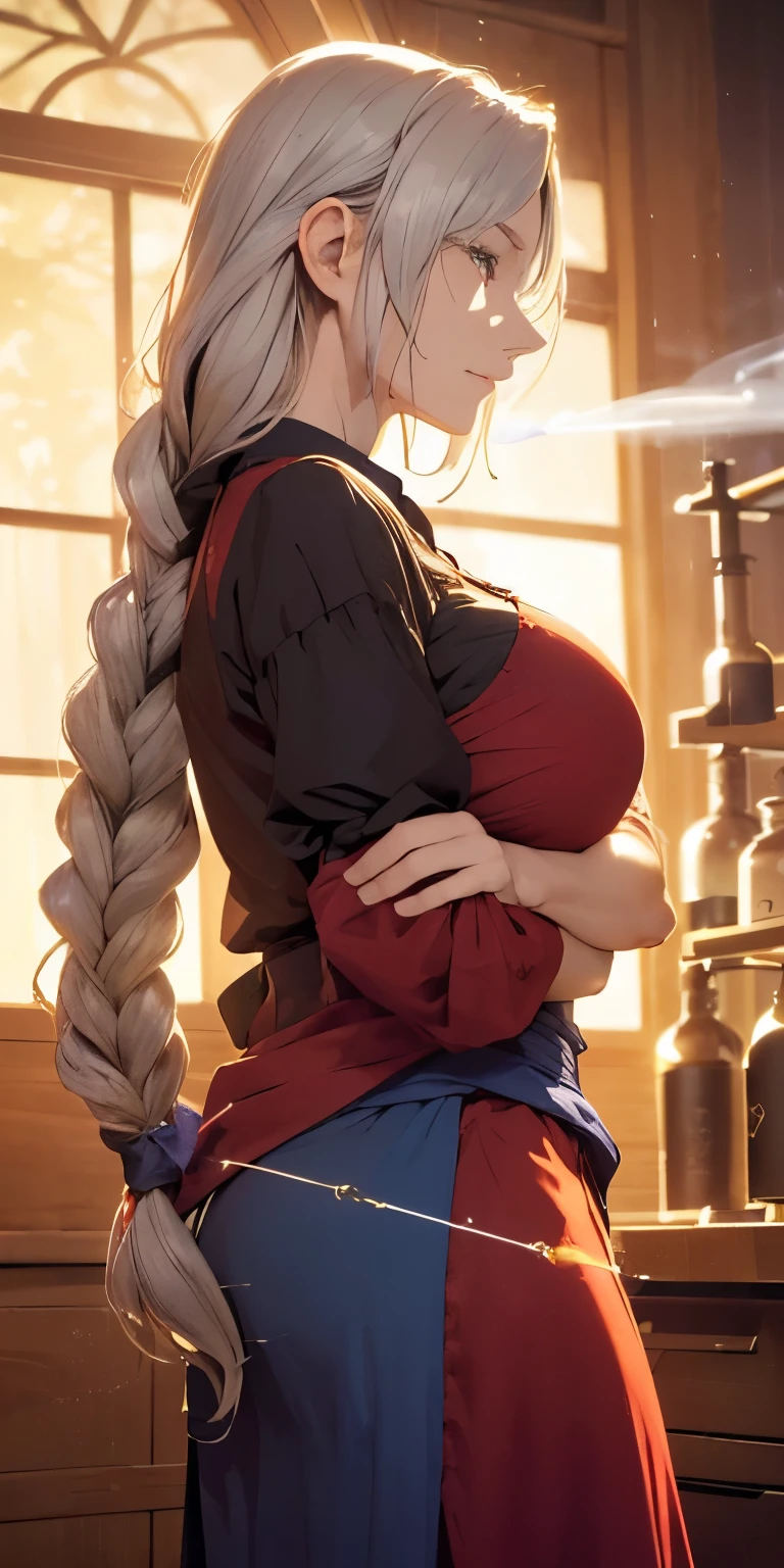 (masterpiece, best quality:1.3), (from side:1.3), Yagokoro Eirin, Touhou Series, perfect face, expressive eyes, 1woman, looking at viewer, 38 years old, gorgeous body, big breast, beautiful, anime, lora,1woman, silver hair, braid hair, nurse cap, red and blue clothes, long skirt, (evil look, looks down on viewer, crossed arms:1.5), (cinematic lighting, realistic, dream-like, enchanting atmosphere:1.3), (photo of a woman in her dark and mysterious environment:1.3), (the woman surrounded by an aura of mystery and intrigue:1.3), (a dark and mysterious laboratory decorated with many flasks, each filled with colorful liquids:2.0), (she is full of joy in making new discoveries:1.5), (a crystal ball nearby, adding to the mystical setting:1.3), (a hint of incense in the air, adding to the sensory experience:1.3),
