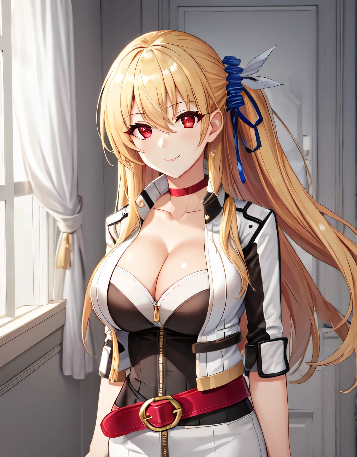 alisa reinford,side ponytail,sen3alisa,scrunchie,choker,white jacket,white dress,red belt,indoor room,light smile,(large breasts:1.5),shiny,hair,((solo)),((masterpiece)),((best quality)),perfect anatomy,slim waist,perfect image,8k UHD,(beautiful detailed eyes:1.5),extremely detailed face,standing,(upper body:1.1),(look at the front:1.2),arms behindback,ultra-detailed,absurdres,highres,(shiny hair),(red eyes:1.2),(blonde hair),cleavage,