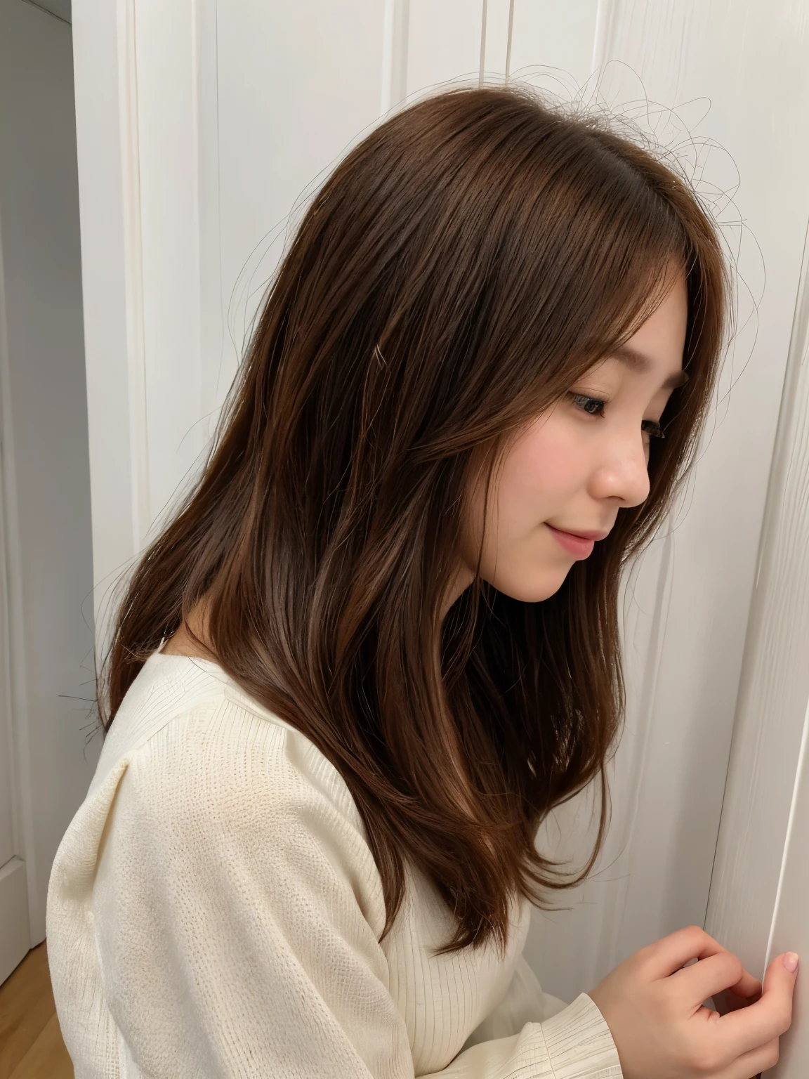 table top、(8K、Raw photo、highest quality、masterpiece:1.2)、face down、look down、white wall、Taken in front of the white door、Light orange long sleeve dress Beautiful shiny hair、High-definition RAW color photo、professional photos、(realistic、photo realistic:1.37)、Photographed in natural light、1 girl、laughter、various poses、break (ombre:1.3) 、spring clothes、simple necklace、(Beautiful profile:1.3)、Don&#39;don&#39;t look at the camera、profile、((Hair color is dark brown))