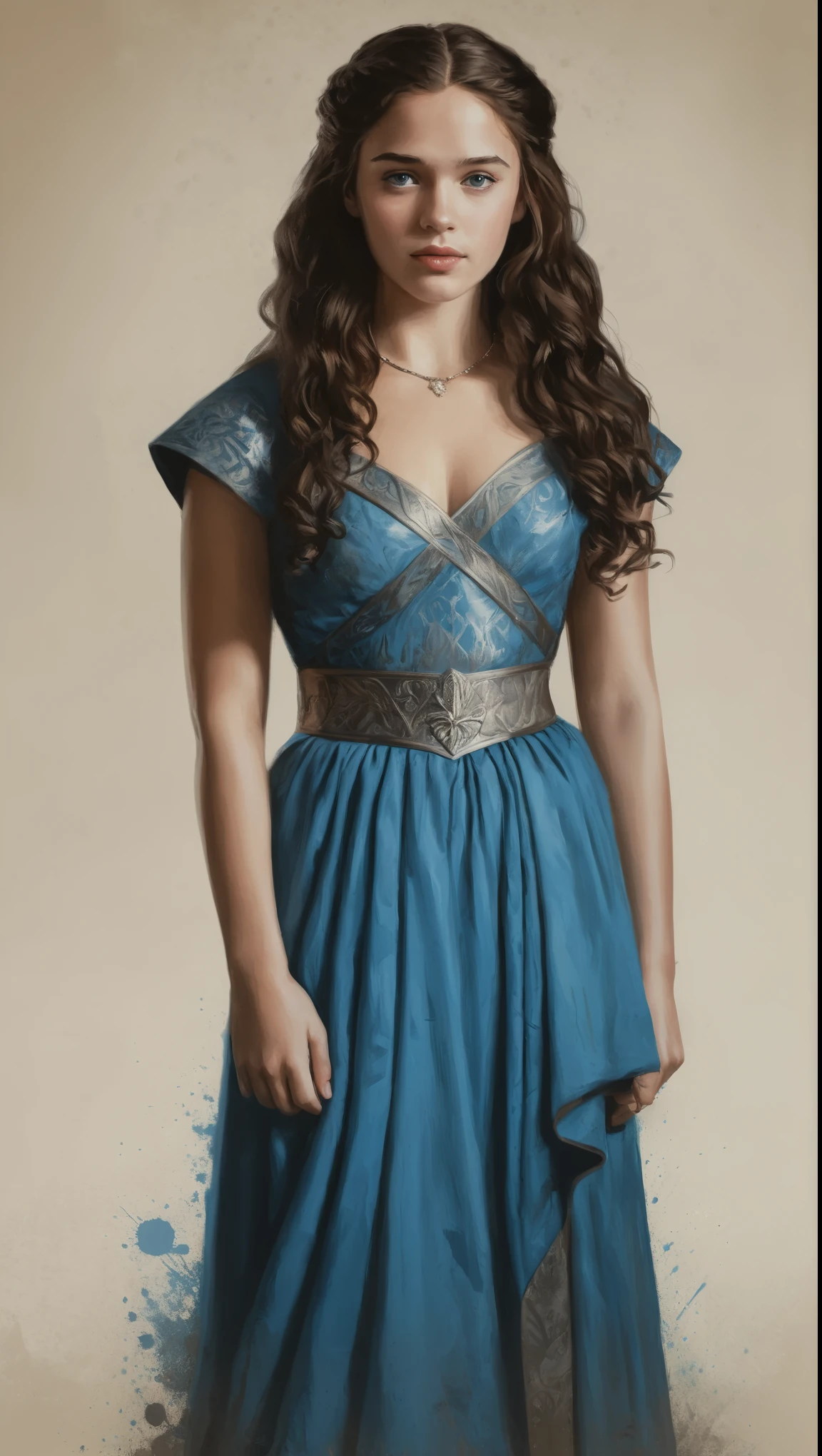 An illustrated movie poster, hand-drawn, full color, a Westerosi teenage girl, wearing a regal dress, warm brown complexion, azure blue eyes, dark hair, long loose curls, waist-length hair, posing on a pedestal, hard shadows, graphite shading, stencil marks, airbrushed acrylic paint, masterpiece, in the style of Game of Thrones