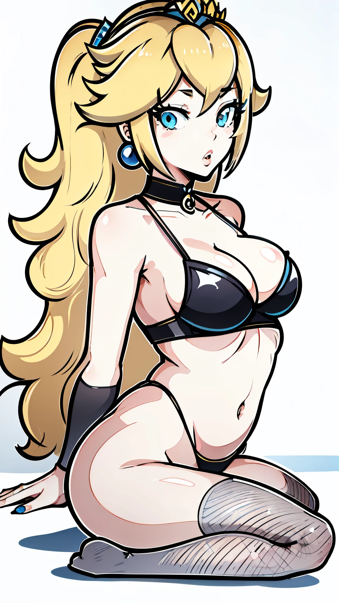 Blonde hair, 1 woman, sexy, Blue eyes, long hair, 2d, sensualizing, Crown on head, casual Black clothes,  Thick lines, long fishnet socks, adult animation with cell shadow, flat anime style shading, sketchy art style, Showing breasts, Perverted face, Showing curves, large curves