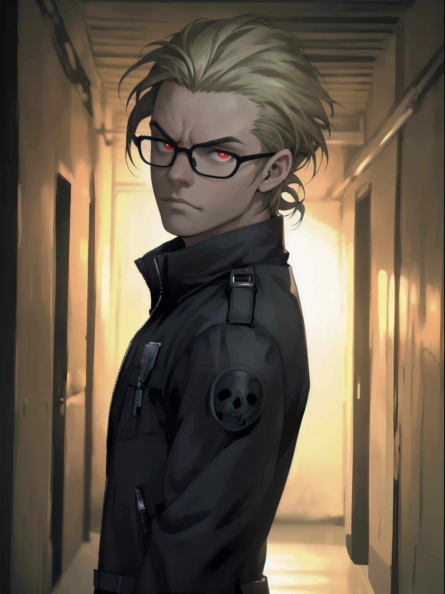 male from Resident Evil 5, 35 year old, tall, hunk, lean muscle, square-shaped face, wearing small black shades, thin dirty blond hair, slicked back hairstyle, tidy hair, cold face expression, viewer looking, black long coat, black zipped clothes, red eyes and glowing eyes, menacing pose, black gloves, best quality, masterpiece, high resolution:1.2, flat style, upper body shot, dark corridor in the background, center focus ((add more detail, enhanced_pivaarts-face))