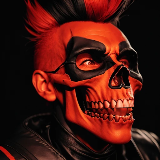 Punk skull with red mohawk, 1man, wide open mouth, detailed teeth, empty eye sockets, black and white graphic style, high contrast, (best quality, 4k, 8k, high resolution, masterpiece:1.2), ultra-detailed, (realistic, photorealistic, photo-realistic:1.37), HDR, UHD, sharp focus, flat illustration, bold lines, (punk, rebellious, aggressive:1.2), cool color tones,