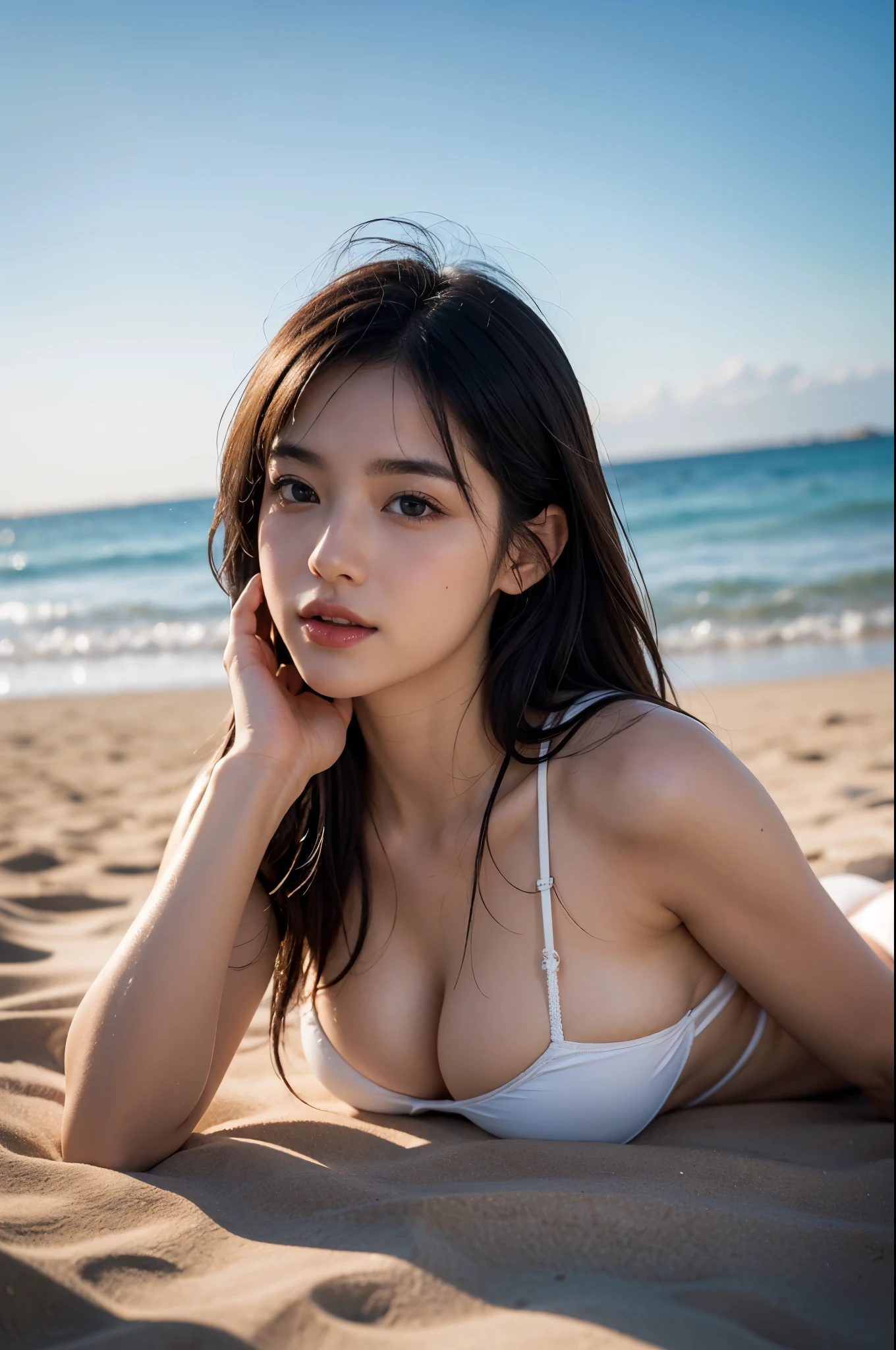 (highest quality, 8k, 32k), masterpiece,(ultra high resolution,realistic:1.4,RAWphotograph), (Super detailed,caustics),セクシーなphotograph,1girl, big breasts, big breasts, cute korean girl, K-POPアイドル, Japanese, black hair, bangs, long hair (long hair: 1.4), Beautiful eyes in detail, long eyelashes, narrow eyes, elongated eye shape, beautiful fingers, beautiful hands, fingertip, nail, arms behind back, ((Euphoric look:1.3))、wearing a white bandeau bikini, wearing a thong, big breastsの女の子, full body shot, beautiful lips, Sleeping side by side on the beach, sleeping on your back on the beach, Lying on the beach, ((Euphoric look))、((orgasm:1.2))、mouth open, beautifully detailed nose, highly detailed skin , cute face, beautiful and detailed eyes, beautifully detailed nose, highly detailed skin, Hair is moving, sophisticated gravure idol, I'm on the beach in LA, The background is the sea, looking at the camera, random pose, Supermodel, beautiful face, detailed body, perfect eyes, perfect face hdr, Photoreal, photograph, highest quality, Bokeh, NSFW,