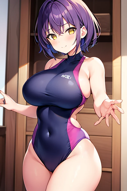 1girl, large breasts, breasts, wide hips, thick thighs, purple hair, short hair, very short hair, yellow eyes, one-piece swimsuit, blue swimsuit, competition swimsuit, black one-piece swimsuit, light smile, smile, hourglass figure, toned, toned female, tall, tall female, carry me, outstreched arms, outstreched hands, incoming hug, \o/, reaching towards viewer