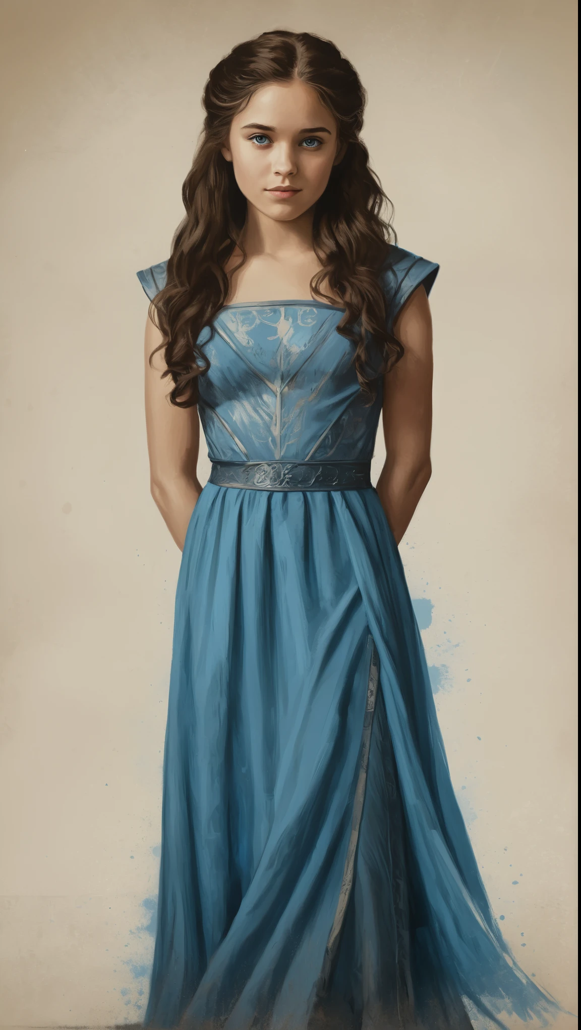 An illustrated movie poster, hand-drawn, full color, a Westerosi teenage girl, wearing a regal dress, warm brown complexion, azure blue eyes, dark hair, long loose curls, waist-length hair, posing on a pedestal, hard shadows, graphite shading, stencil marks, airbrushed acrylic paint, masterpiece, in the style of Game of Thrones