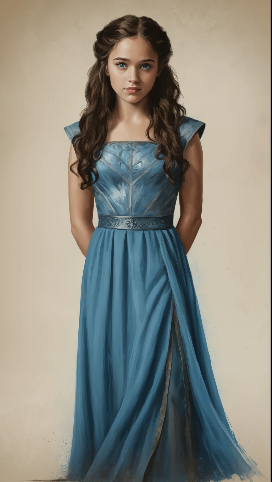 An illustrated movie poster, hand-drawn, full color, a Westerosi teenage girl, wearing a regal dress, warm brown complexion, azure blue eyes, dark hair, long loose curls, waist-length hair, posing on a pedestal, hard shadows, graphite shading, stencil marks, airbrushed acrylic paint, masterpiece, in the style of Game of Thrones